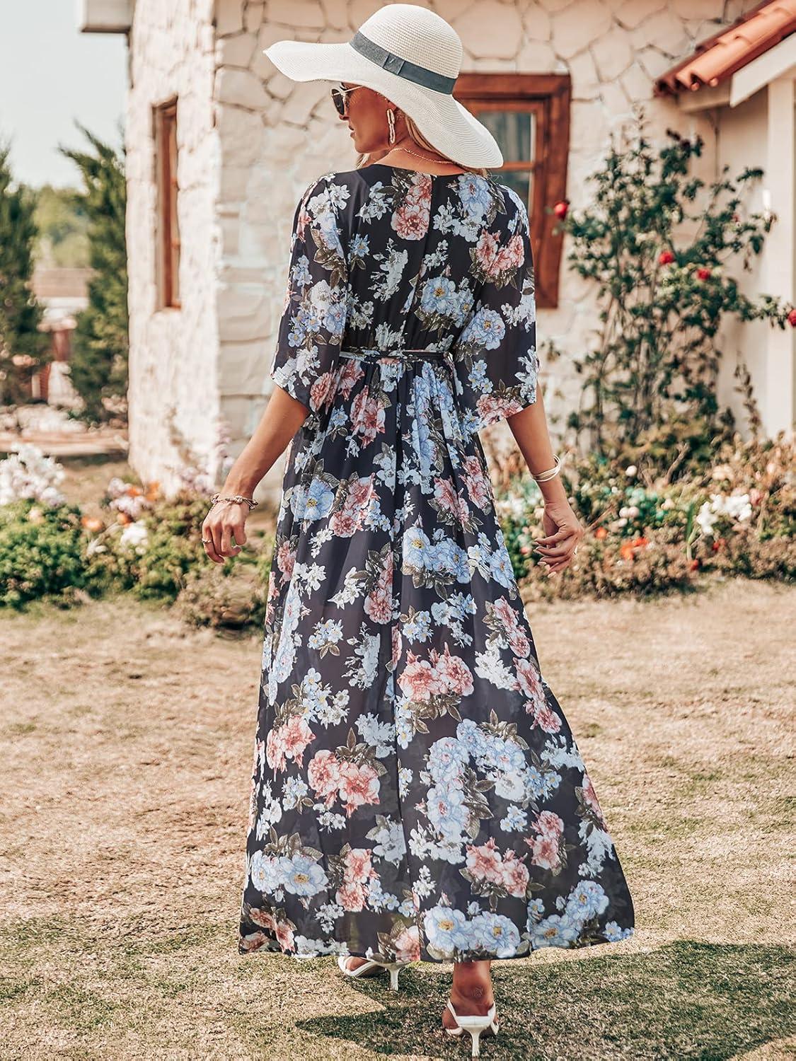 imageANRABESS Womens 12 Sleeve Beach Wedding Guest Maxi Dresses 2025 Fall Wrap V Neck Boho Floral Flowy Slit Long Summer DressesBlack Flor