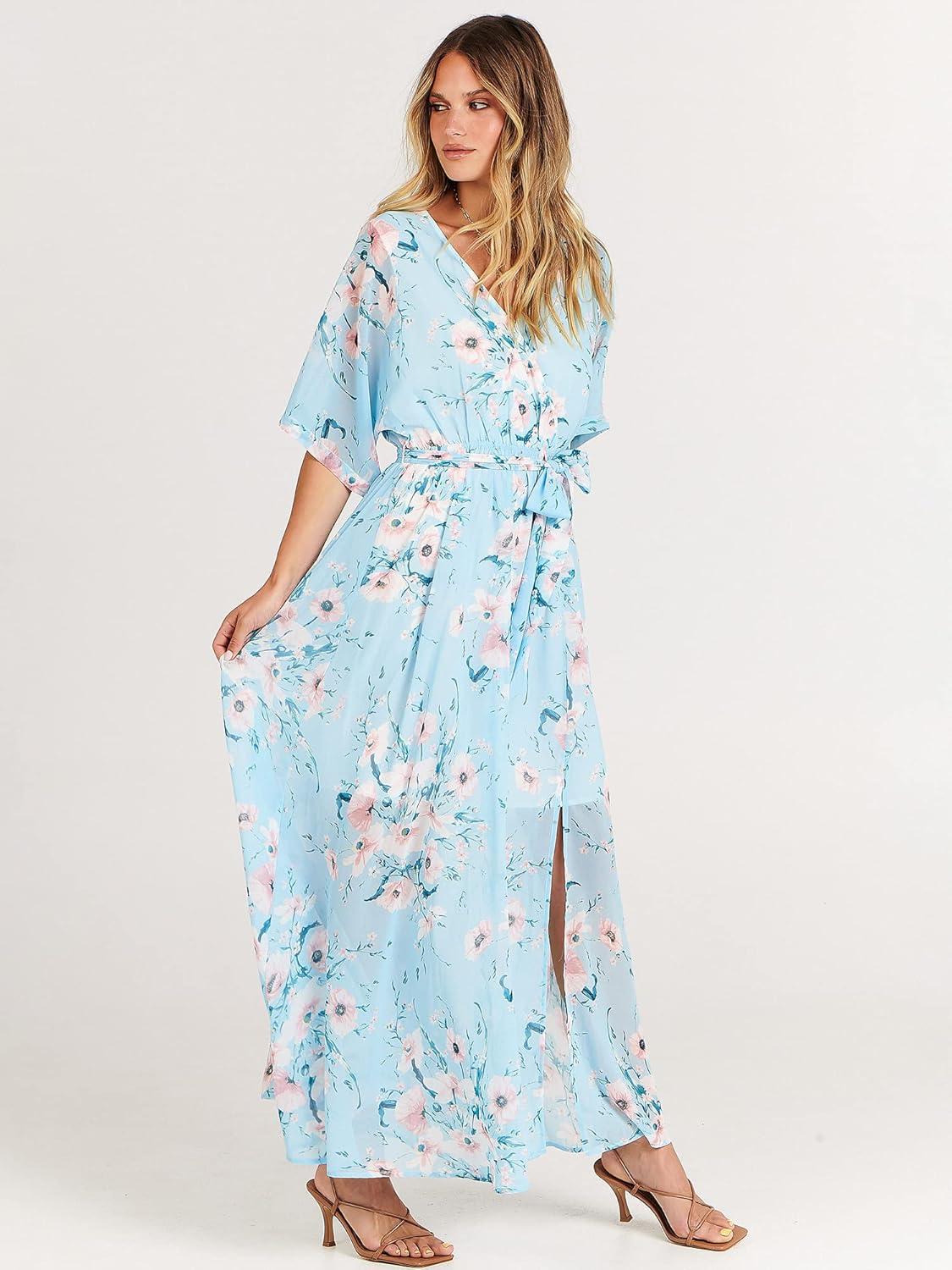 imageANRABESS Womens 12 Sleeve Beach Wedding Guest Maxi Dresses 2025 Fall Wrap V Neck Boho Floral Flowy Slit Long Summer DressesBlue Flor