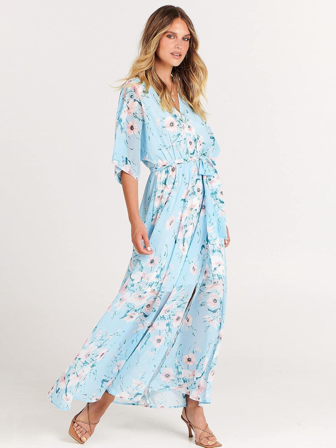 imageANRABESS Womens 12 Sleeve Beach Wedding Guest Maxi Dresses 2025 Fall Wrap V Neck Boho Floral Flowy Slit Long Summer DressesBlue Flor