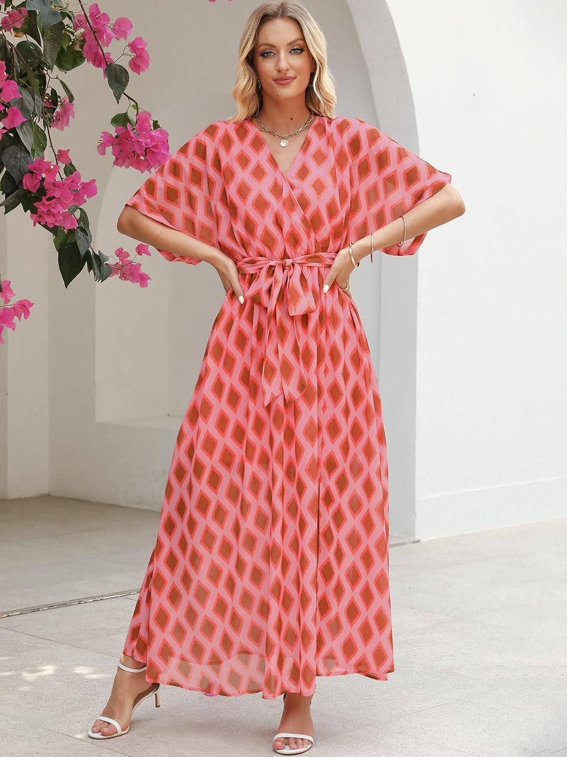 imageANRABESS Womens 12 Sleeve Beach Wedding Guest Maxi Dresses 2025 Fall Wrap V Neck Boho Floral Flowy Slit Long Summer DressesFloral Red