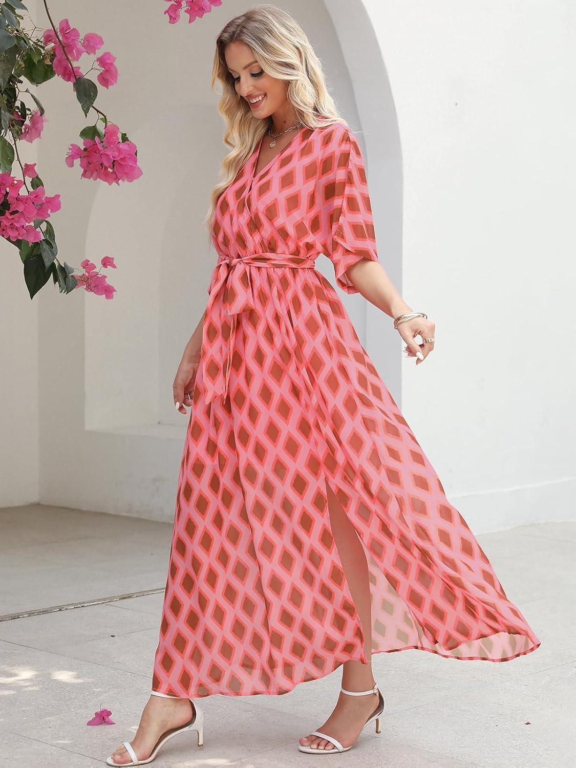 imageANRABESS Womens 12 Sleeve Beach Wedding Guest Maxi Dresses 2025 Fall Wrap V Neck Boho Floral Flowy Slit Long Summer DressesFloral Red