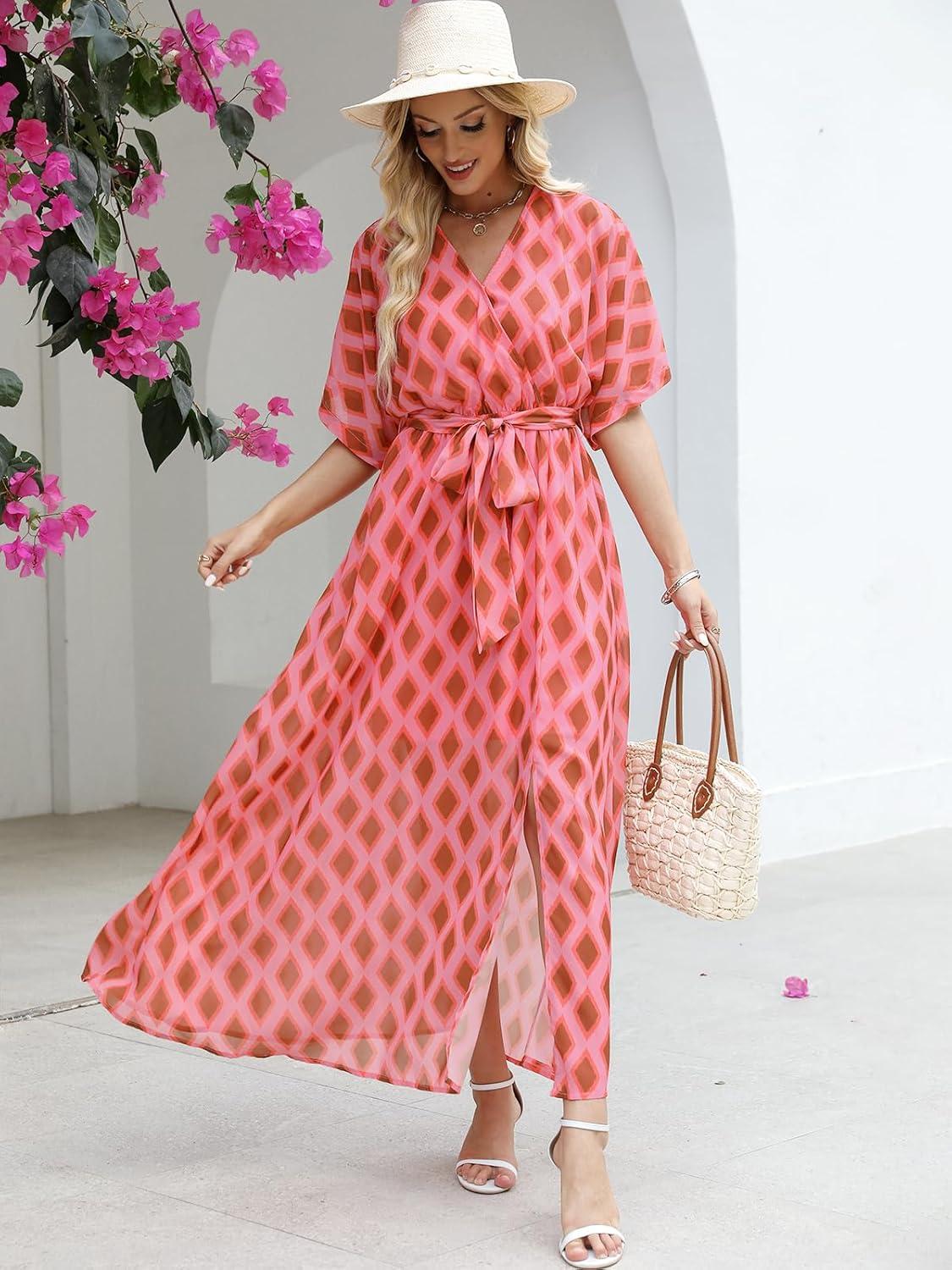 imageANRABESS Womens 12 Sleeve Beach Wedding Guest Maxi Dresses 2025 Fall Wrap V Neck Boho Floral Flowy Slit Long Summer DressesFloral Red