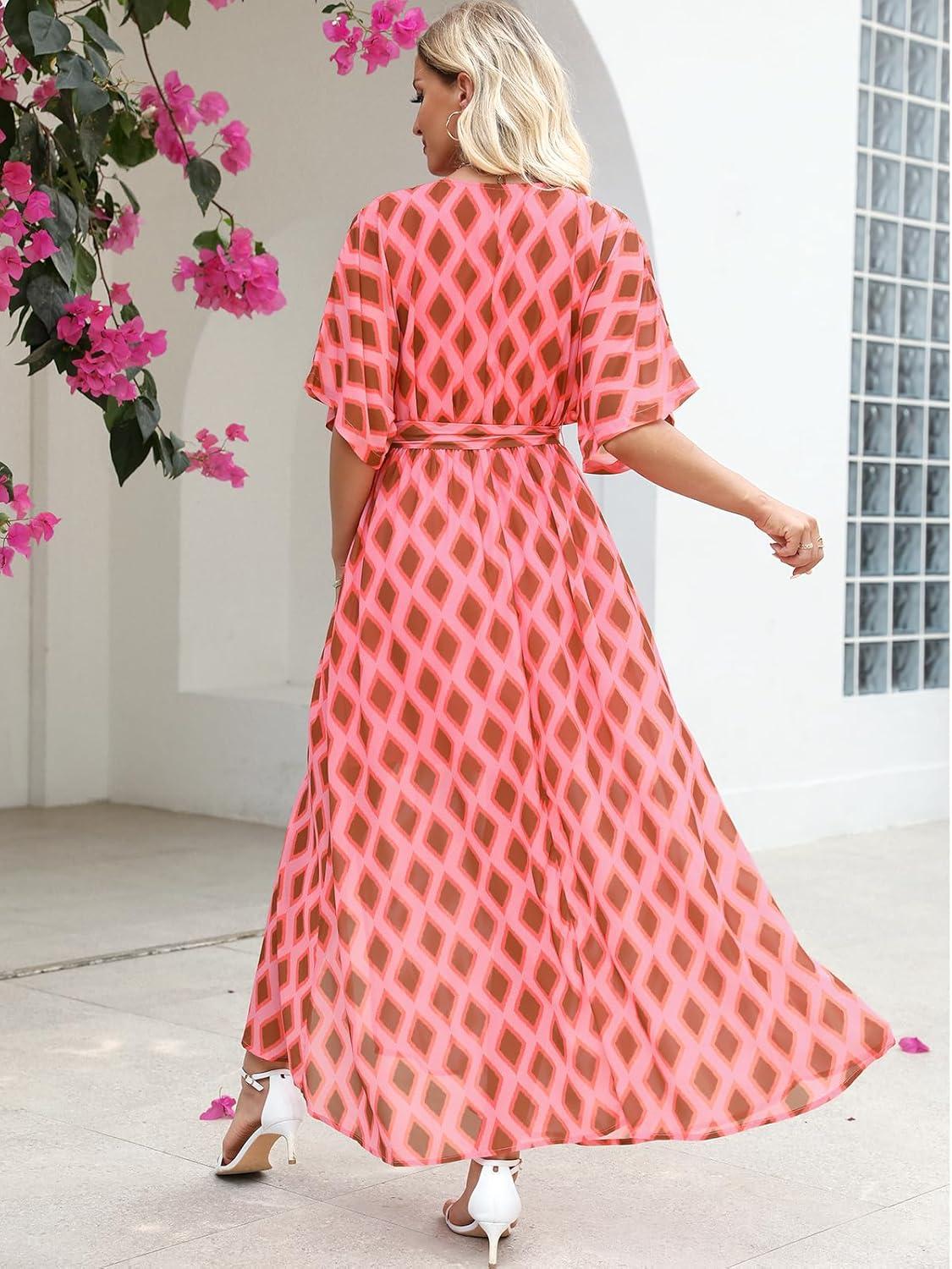 imageANRABESS Womens 12 Sleeve Beach Wedding Guest Maxi Dresses 2025 Fall Wrap V Neck Boho Floral Flowy Slit Long Summer DressesFloral Red