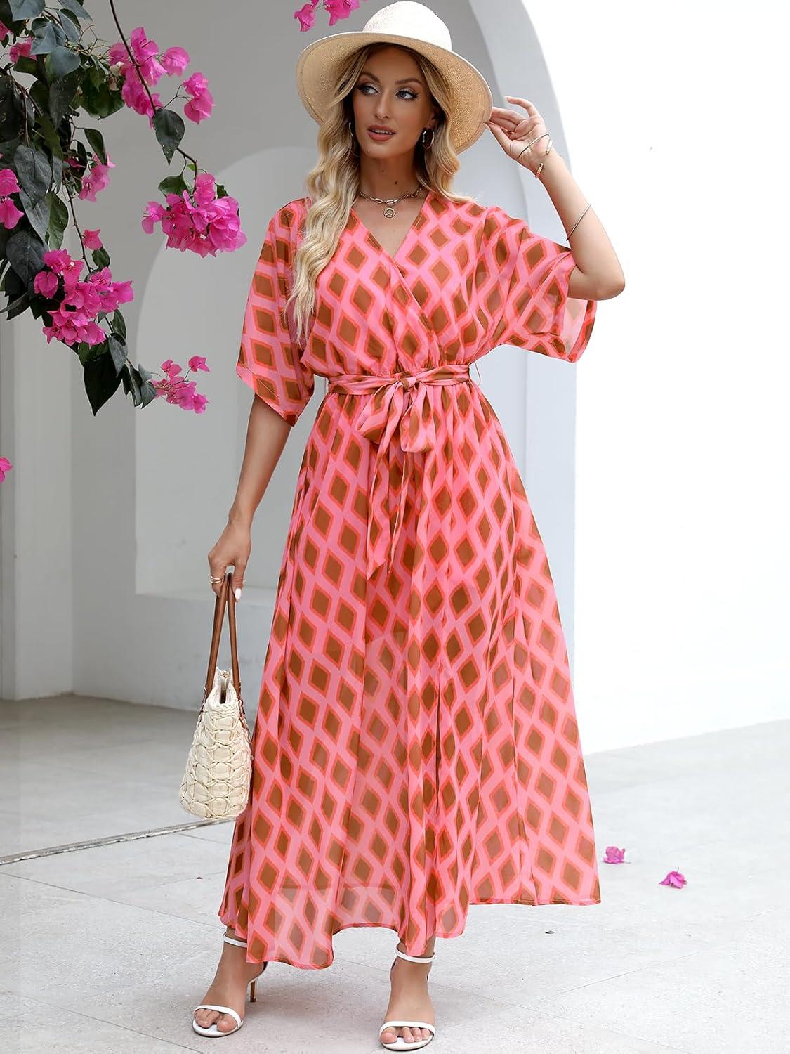 imageANRABESS Womens 12 Sleeve Beach Wedding Guest Maxi Dresses 2025 Fall Wrap V Neck Boho Floral Flowy Slit Long Summer DressesFloral Red