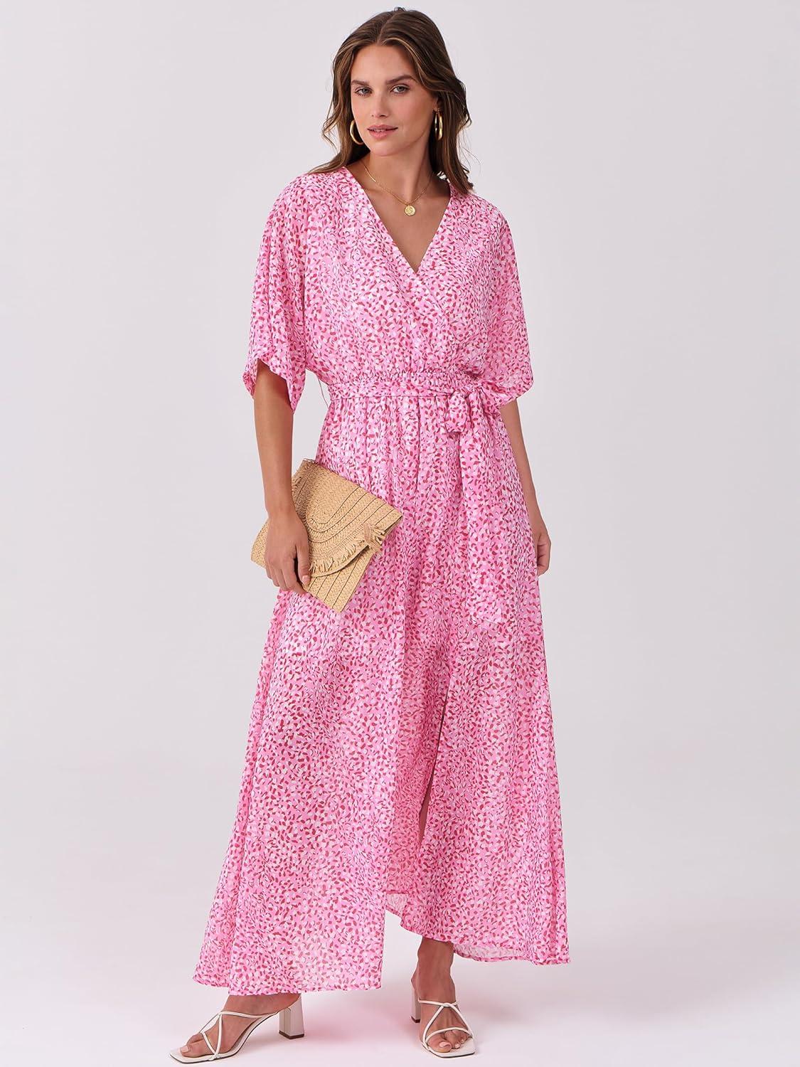 imageANRABESS Womens 12 Sleeve Beach Wedding Guest Maxi Dresses 2025 Fall Wrap V Neck Boho Floral Flowy Slit Long Summer DressesFloral Red White