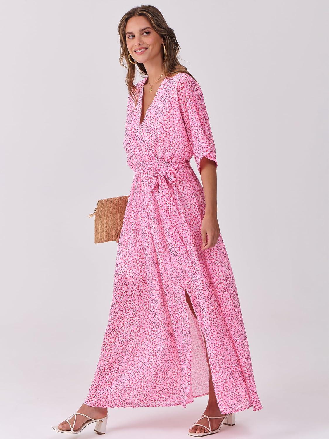 imageANRABESS Womens 12 Sleeve Beach Wedding Guest Maxi Dresses 2025 Fall Wrap V Neck Boho Floral Flowy Slit Long Summer DressesFloral Red White