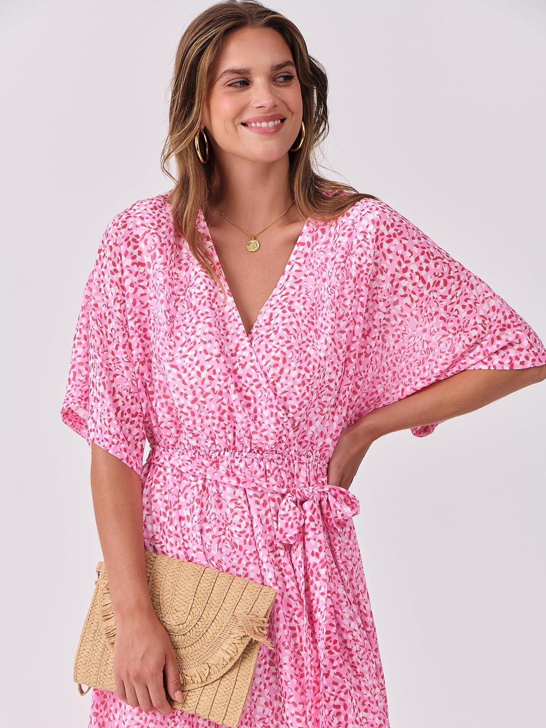 imageANRABESS Womens 12 Sleeve Beach Wedding Guest Maxi Dresses 2025 Fall Wrap V Neck Boho Floral Flowy Slit Long Summer DressesFloral Red White