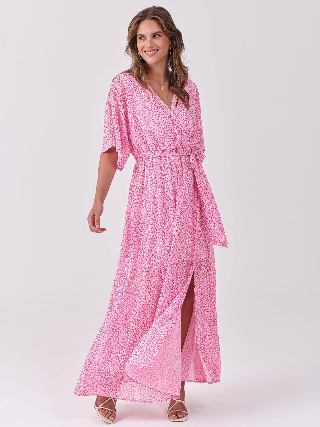 imageANRABESS Womens 12 Sleeve Beach Wedding Guest Maxi Dresses 2025 Fall Wrap V Neck Boho Floral Flowy Slit Long Summer DressesFloral Red White