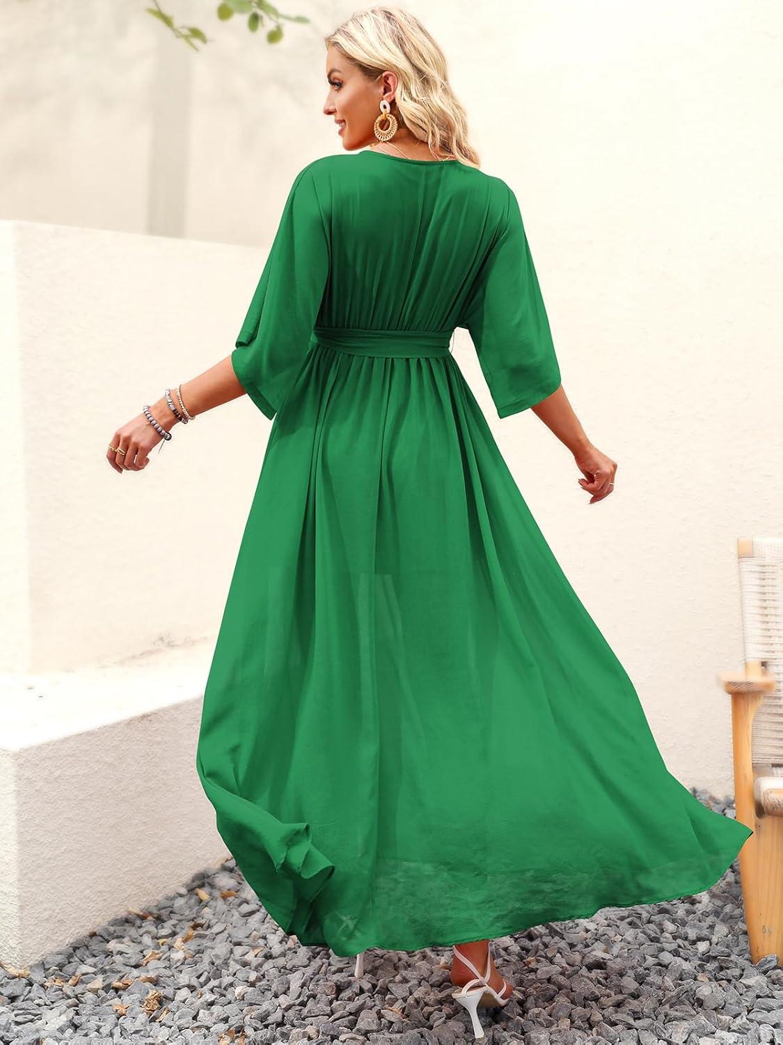 imageANRABESS Womens 12 Sleeve Beach Wedding Guest Maxi Dresses 2025 Fall Wrap V Neck Boho Floral Flowy Slit Long Summer DressesGreen