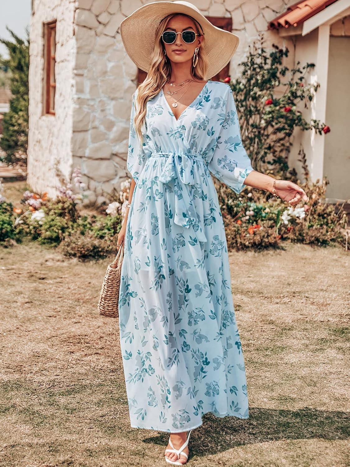 imageANRABESS Womens 12 Sleeve Beach Wedding Guest Maxi Dresses 2025 Fall Wrap V Neck Boho Floral Flowy Slit Long Summer DressesGreen Leaf Print