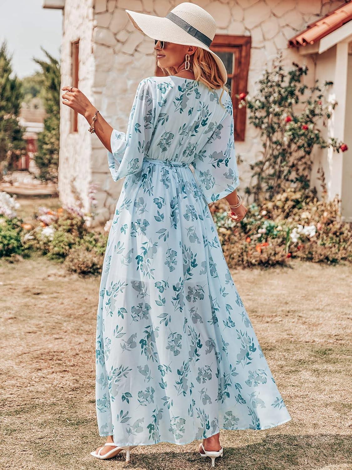 imageANRABESS Womens 12 Sleeve Beach Wedding Guest Maxi Dresses 2025 Fall Wrap V Neck Boho Floral Flowy Slit Long Summer DressesGreen Leaf Print