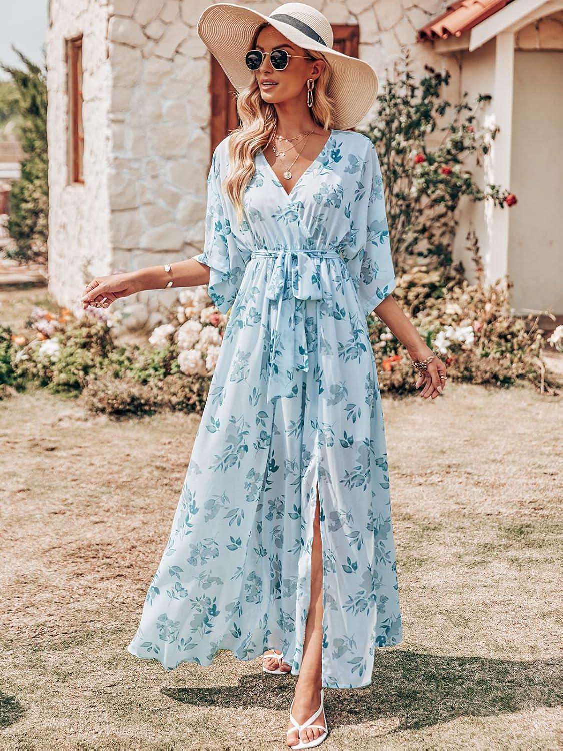 imageANRABESS Womens 12 Sleeve Beach Wedding Guest Maxi Dresses 2025 Fall Wrap V Neck Boho Floral Flowy Slit Long Summer DressesGreen Leaf Print