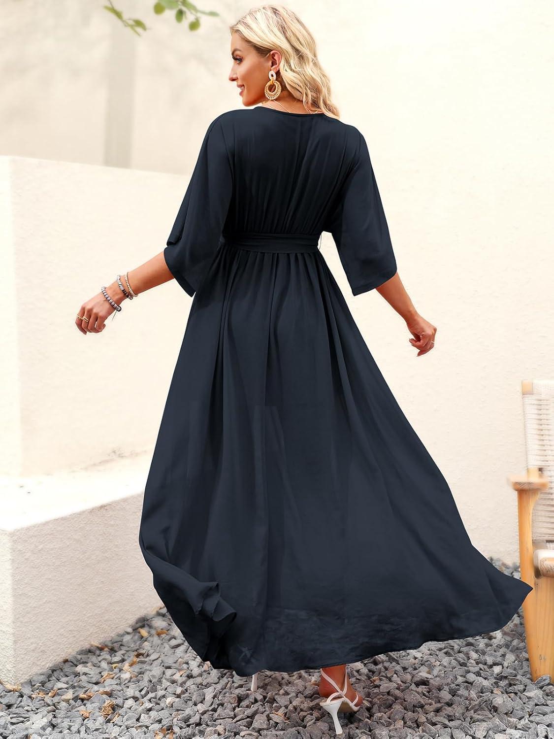 imageANRABESS Womens 12 Sleeve Beach Wedding Guest Maxi Dresses 2025 Fall Wrap V Neck Boho Floral Flowy Slit Long Summer DressesNavy Blue