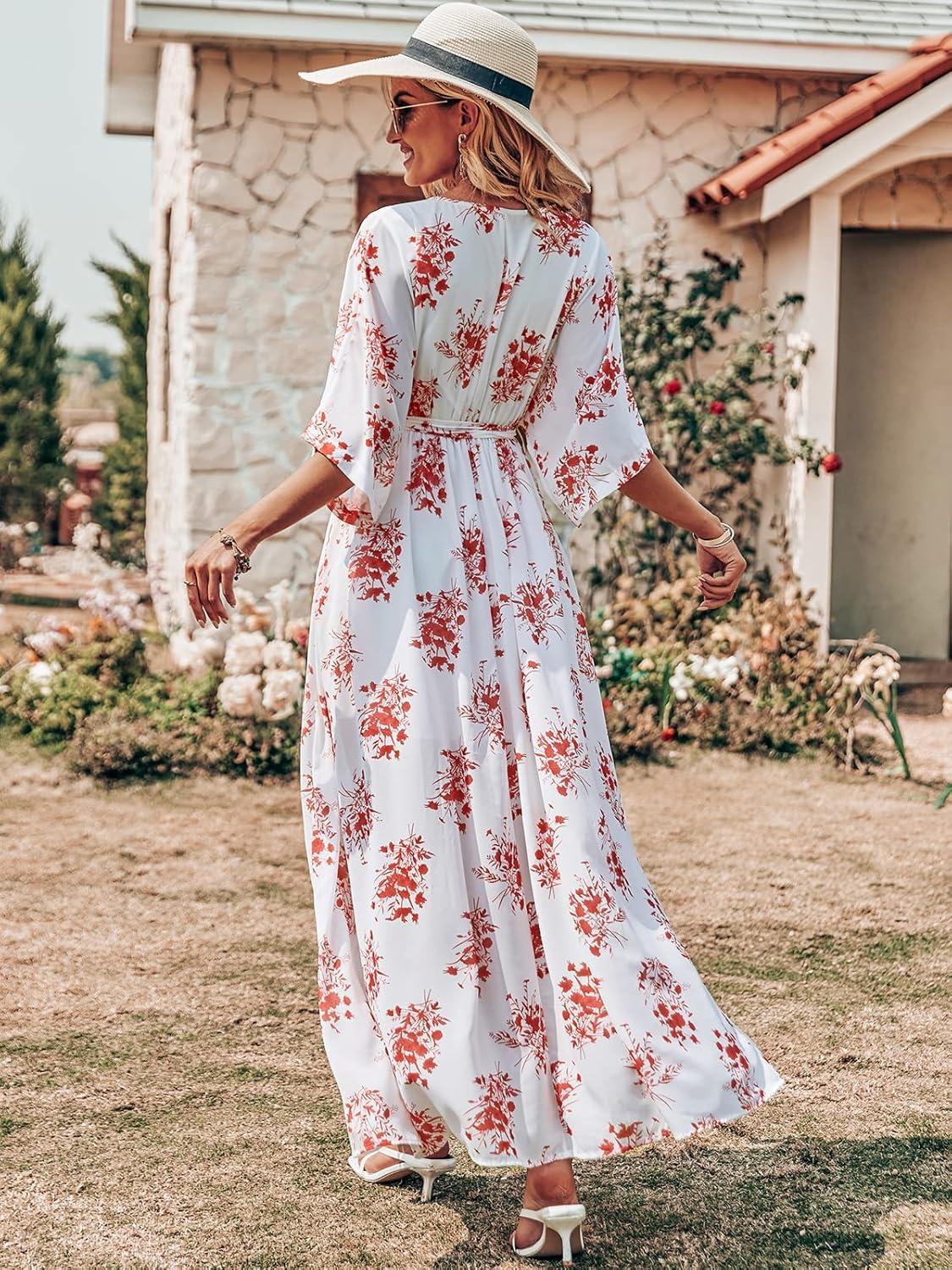 imageANRABESS Womens 12 Sleeve Beach Wedding Guest Maxi Dresses 2025 Fall Wrap V Neck Boho Floral Flowy Slit Long Summer DressesRed Flor
