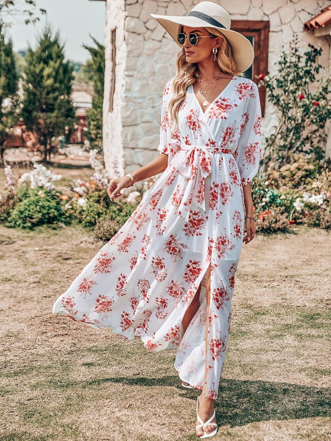 imageANRABESS Womens 12 Sleeve Beach Wedding Guest Maxi Dresses 2025 Fall Wrap V Neck Boho Floral Flowy Slit Long Summer DressesRed Flor
