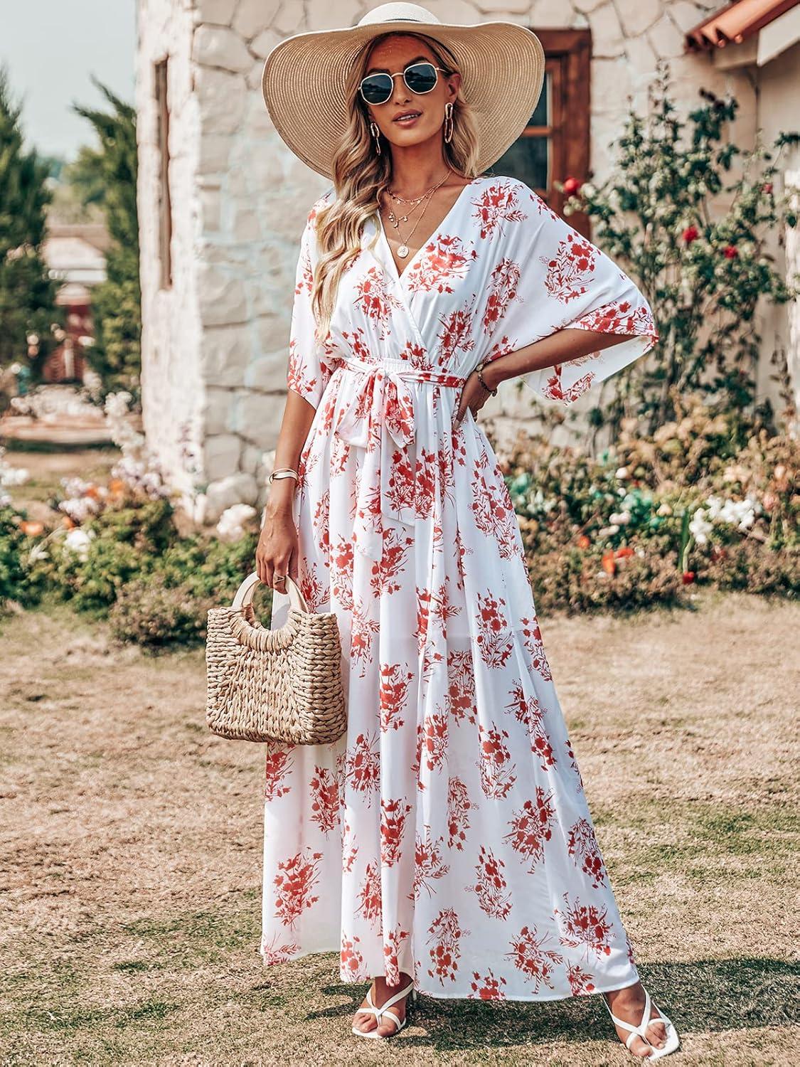 imageANRABESS Womens 12 Sleeve Beach Wedding Guest Maxi Dresses 2025 Fall Wrap V Neck Boho Floral Flowy Slit Long Summer DressesRed Flor