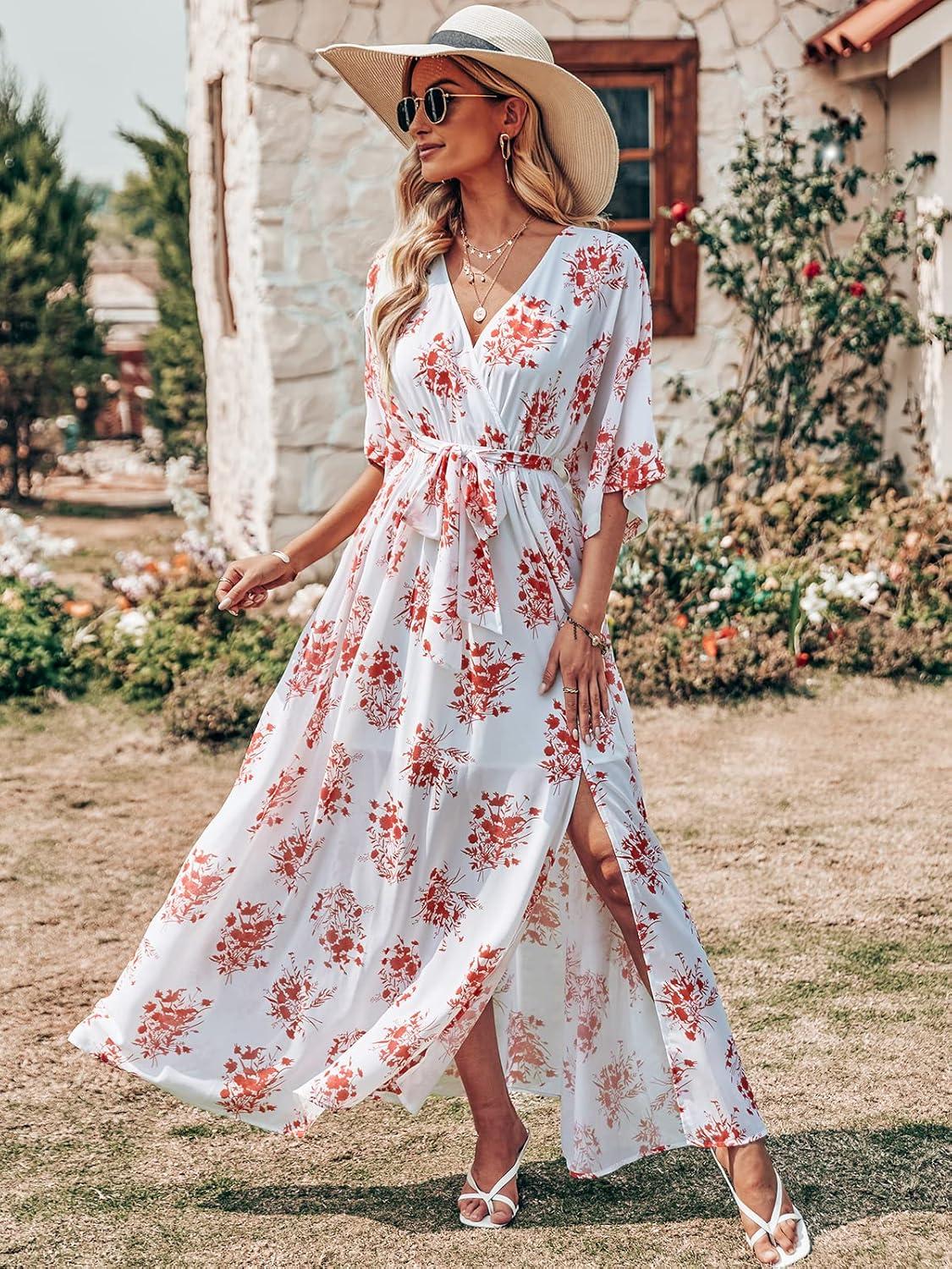 imageANRABESS Womens 12 Sleeve Beach Wedding Guest Maxi Dresses 2025 Fall Wrap V Neck Boho Floral Flowy Slit Long Summer DressesRed Flor