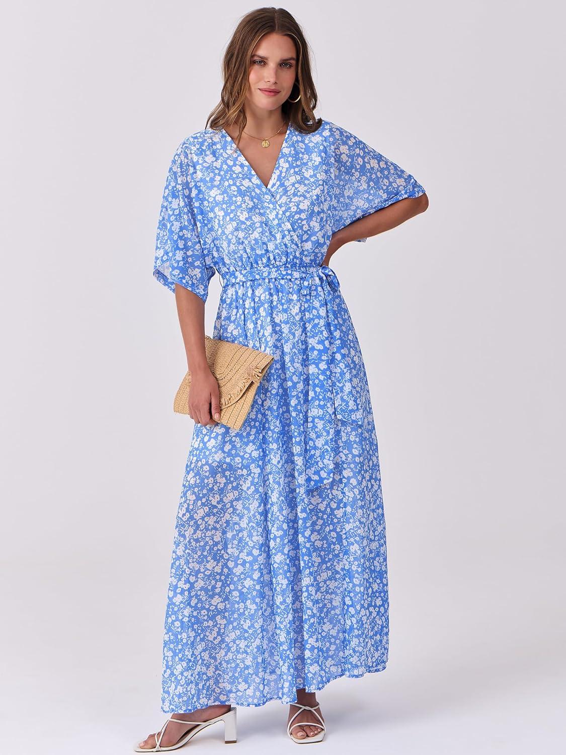 imageANRABESS Womens 12 Sleeve Beach Wedding Guest Maxi Dresses 2025 Fall Wrap V Neck Boho Floral Flowy Slit Long Summer DressesWhite Flor Print