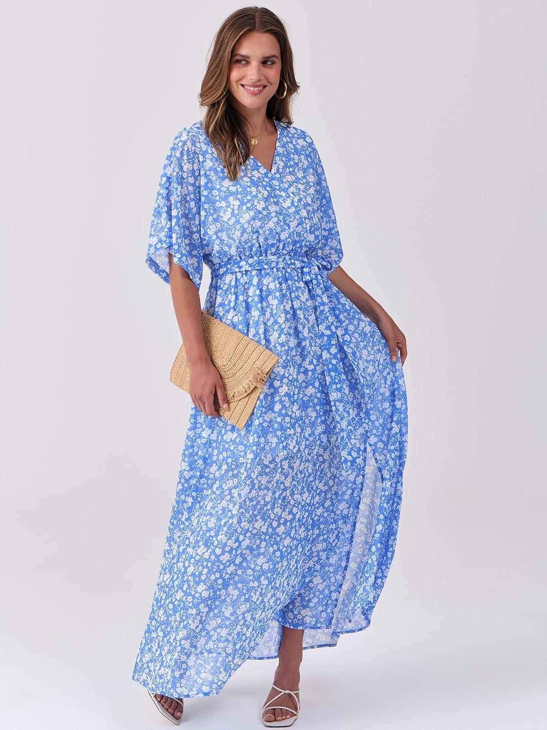 imageANRABESS Womens 12 Sleeve Beach Wedding Guest Maxi Dresses 2025 Fall Wrap V Neck Boho Floral Flowy Slit Long Summer DressesWhite Flor Print