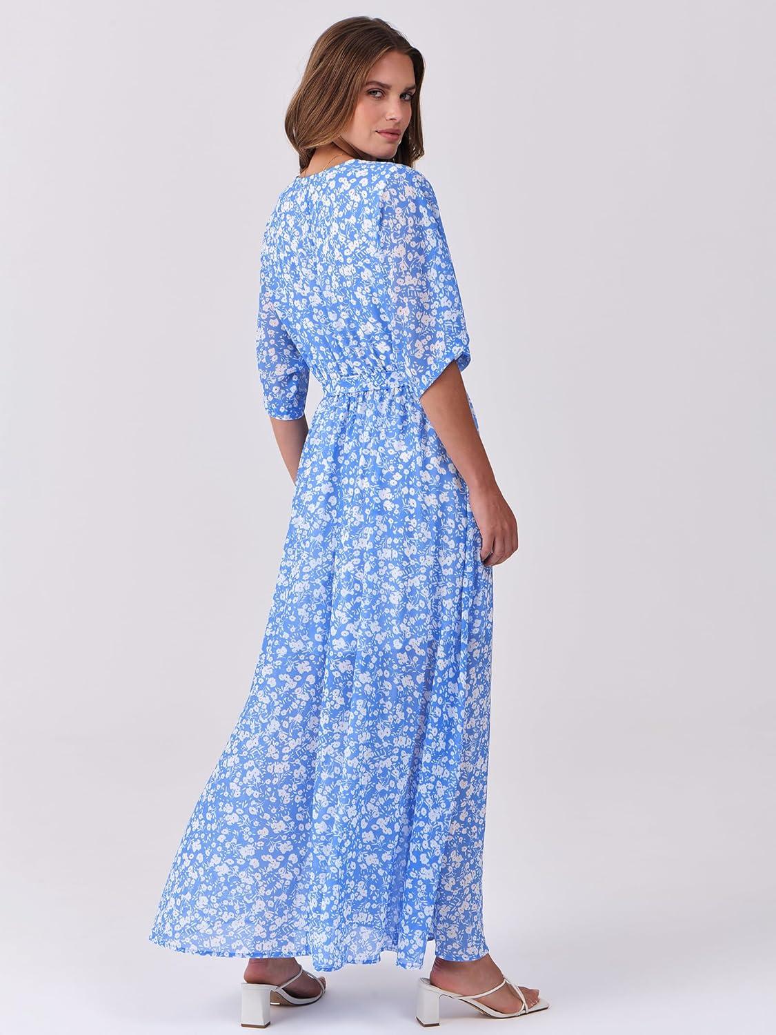 imageANRABESS Womens 12 Sleeve Beach Wedding Guest Maxi Dresses 2025 Fall Wrap V Neck Boho Floral Flowy Slit Long Summer DressesWhite Flor Print