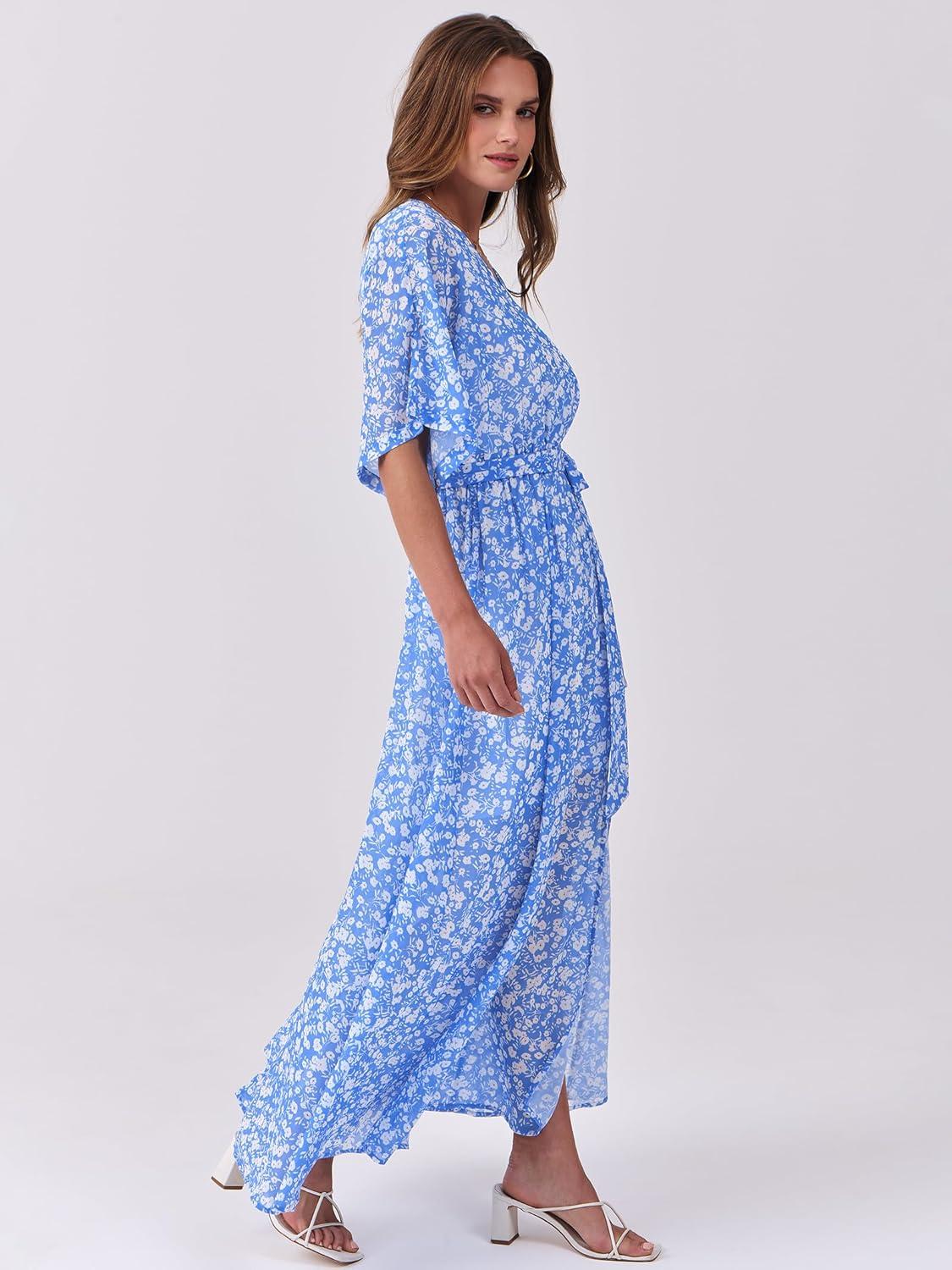 imageANRABESS Womens 12 Sleeve Beach Wedding Guest Maxi Dresses 2025 Fall Wrap V Neck Boho Floral Flowy Slit Long Summer DressesWhite Flor Print