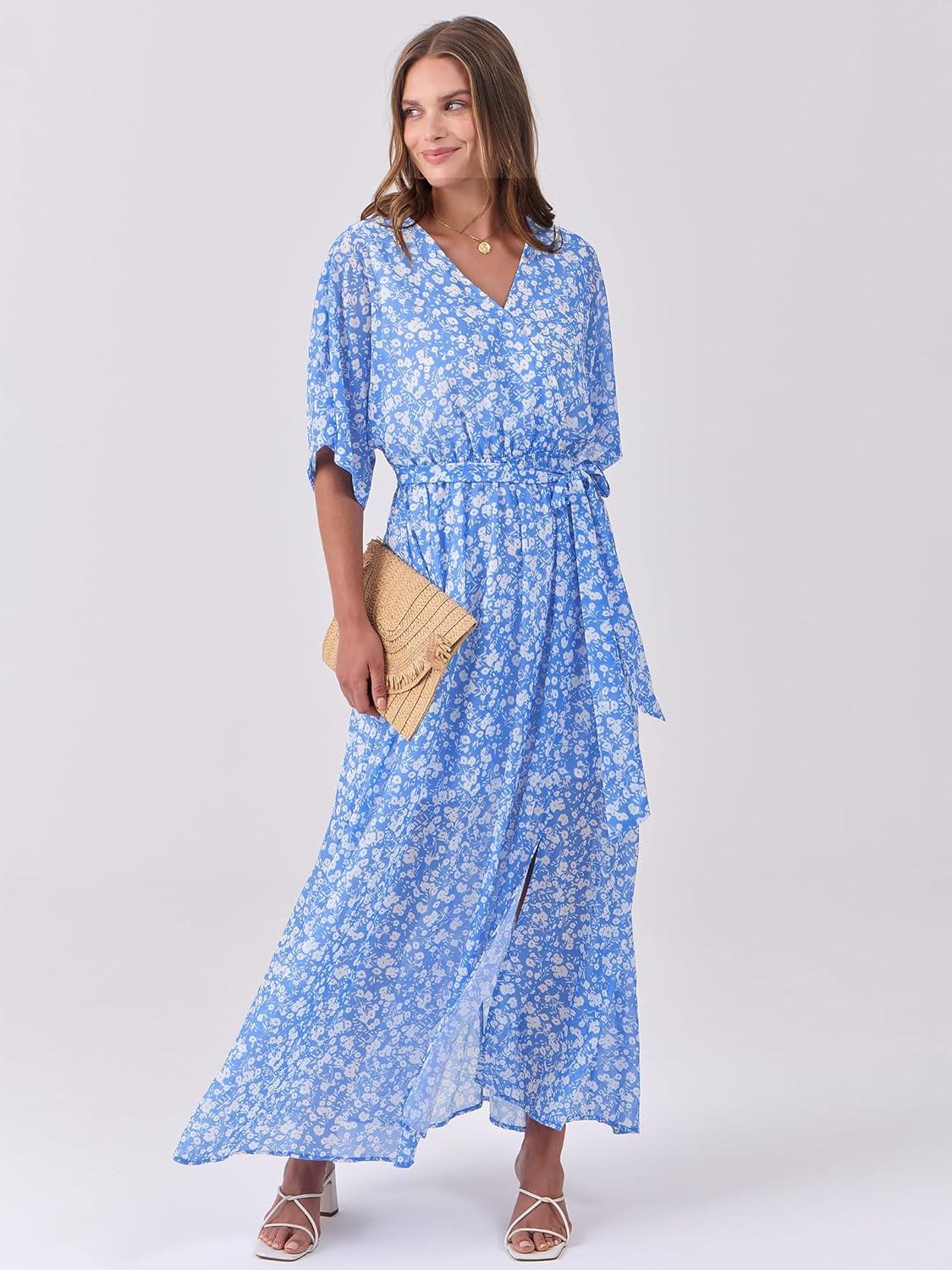 imageANRABESS Womens 12 Sleeve Beach Wedding Guest Maxi Dresses 2025 Fall Wrap V Neck Boho Floral Flowy Slit Long Summer DressesWhite Flor Print