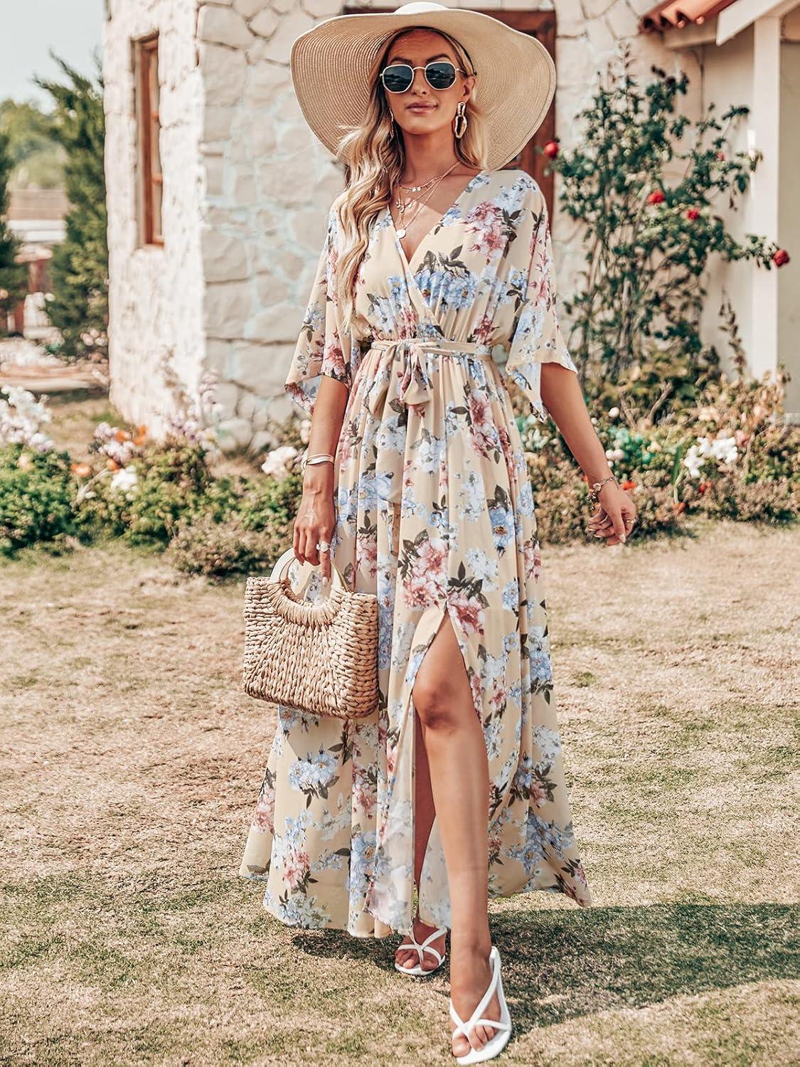 imageANRABESS Womens 12 Sleeve Beach Wedding Guest Maxi Dresses 2025 Fall Wrap V Neck Boho Floral Flowy Slit Long Summer DressesYellow Flor