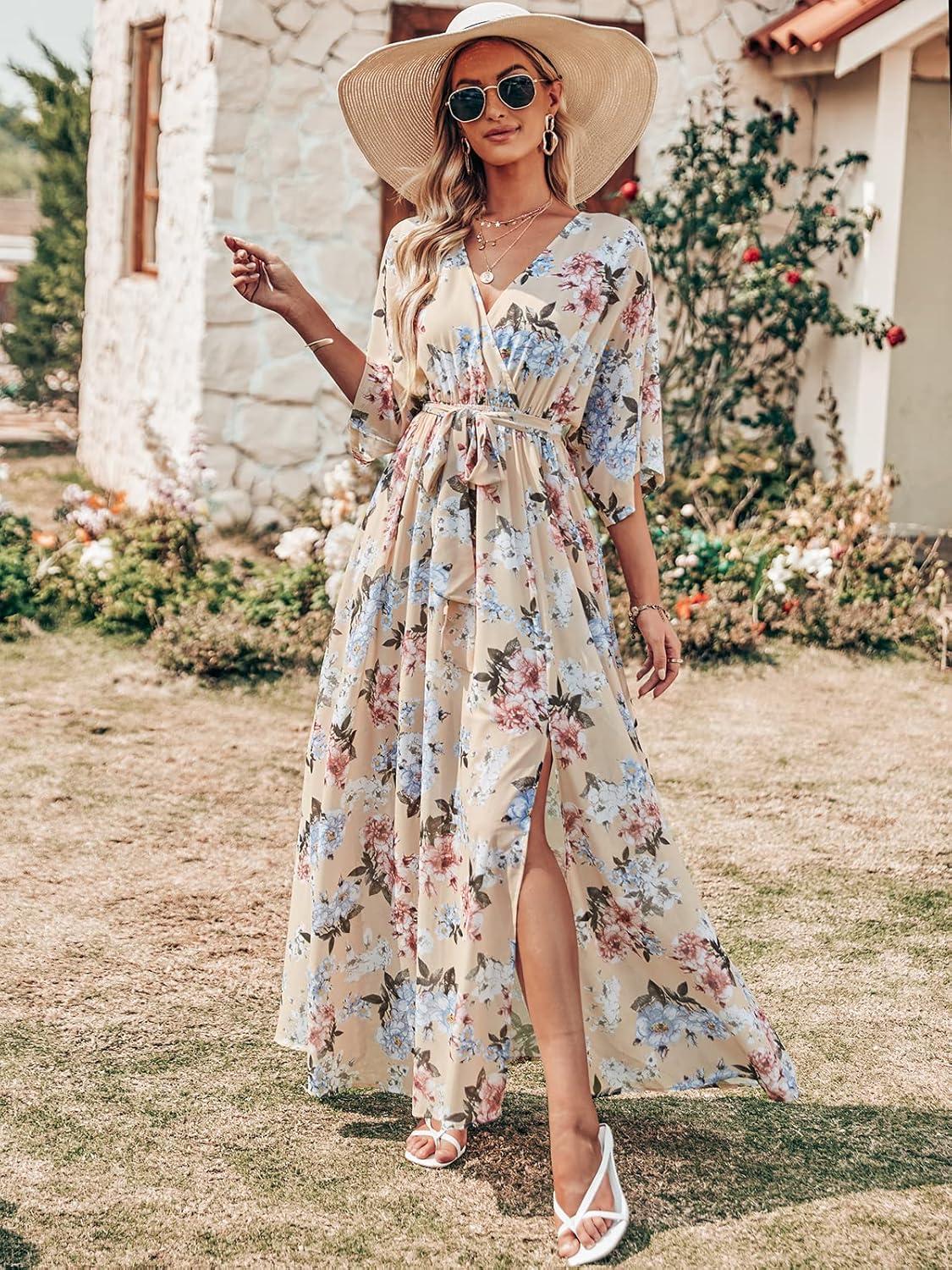 imageANRABESS Womens 12 Sleeve Beach Wedding Guest Maxi Dresses 2025 Fall Wrap V Neck Boho Floral Flowy Slit Long Summer DressesYellow Flor