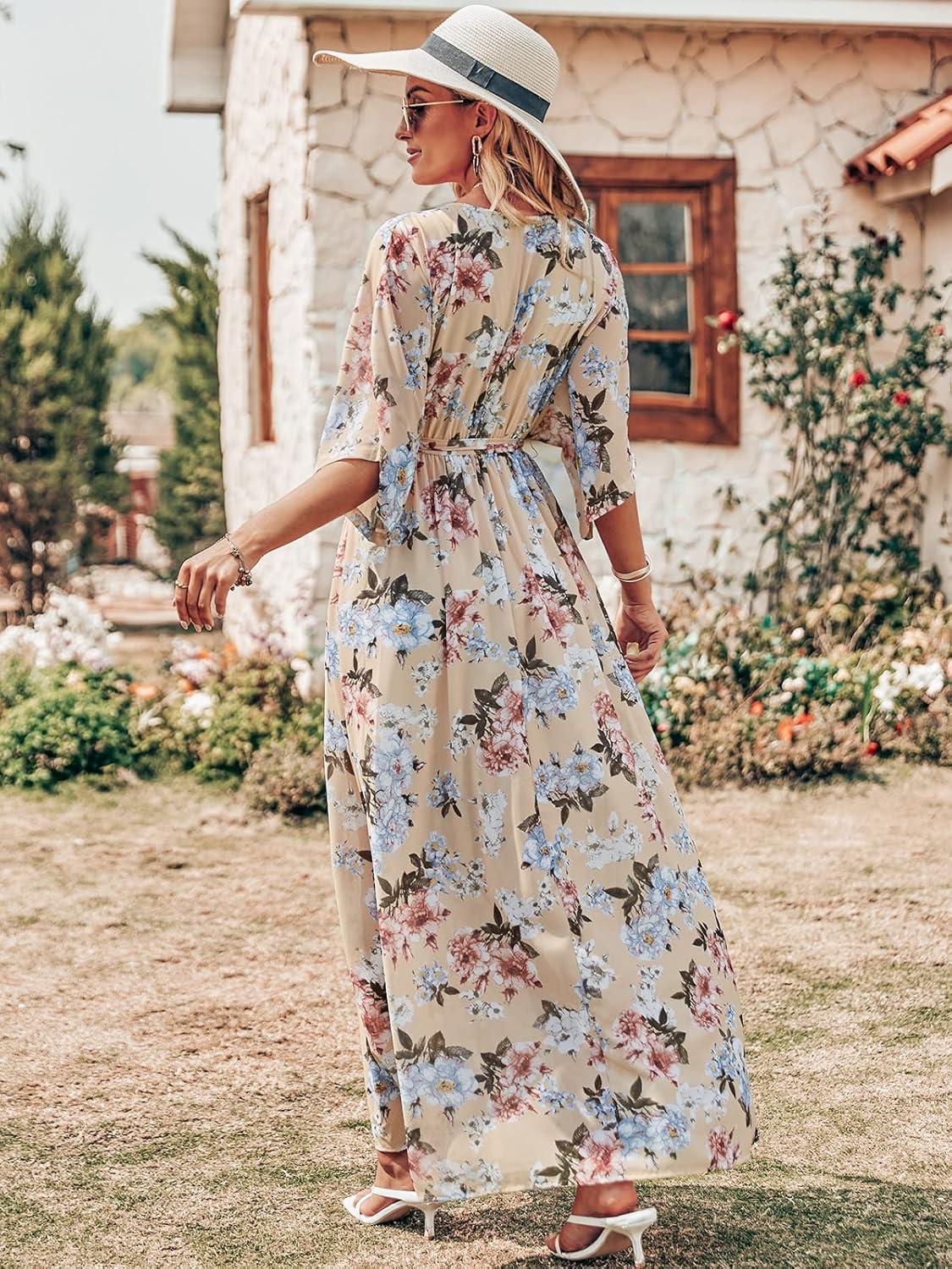 imageANRABESS Womens 12 Sleeve Beach Wedding Guest Maxi Dresses 2025 Fall Wrap V Neck Boho Floral Flowy Slit Long Summer DressesYellow Flor