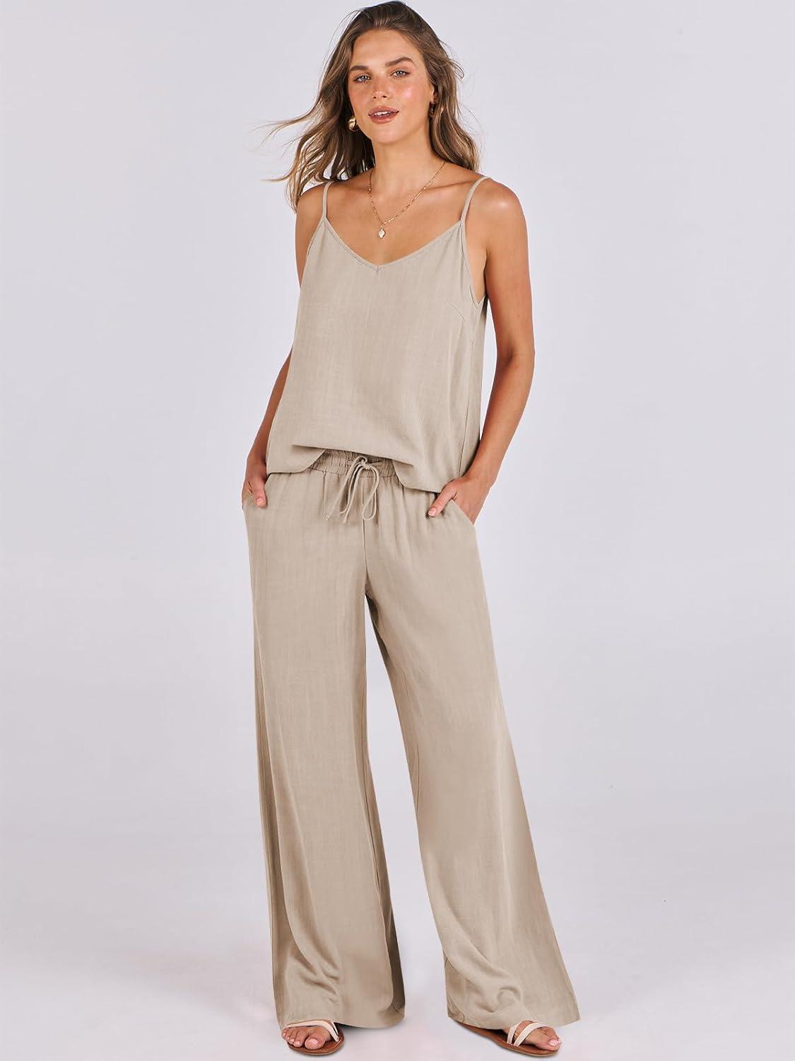 imageANRABESS Womens 2 Piece Linen Lounge Set Casual Matching Pants Jumpsuit Summer Beach Travel Vacation Trendy Outfits