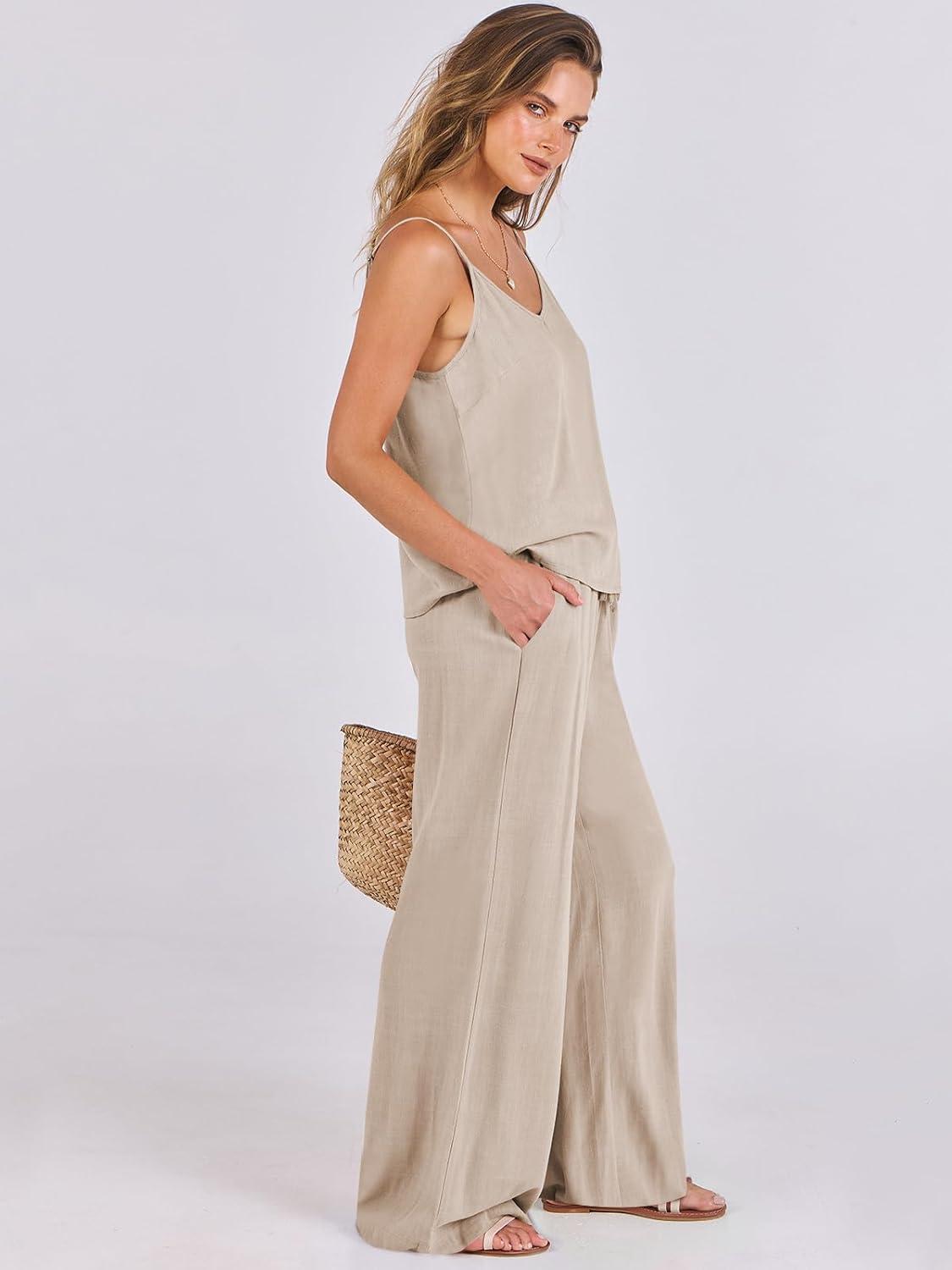 imageANRABESS Womens 2 Piece Linen Lounge Set Casual Matching Pants Jumpsuit Summer Beach Travel Vacation Trendy Outfits