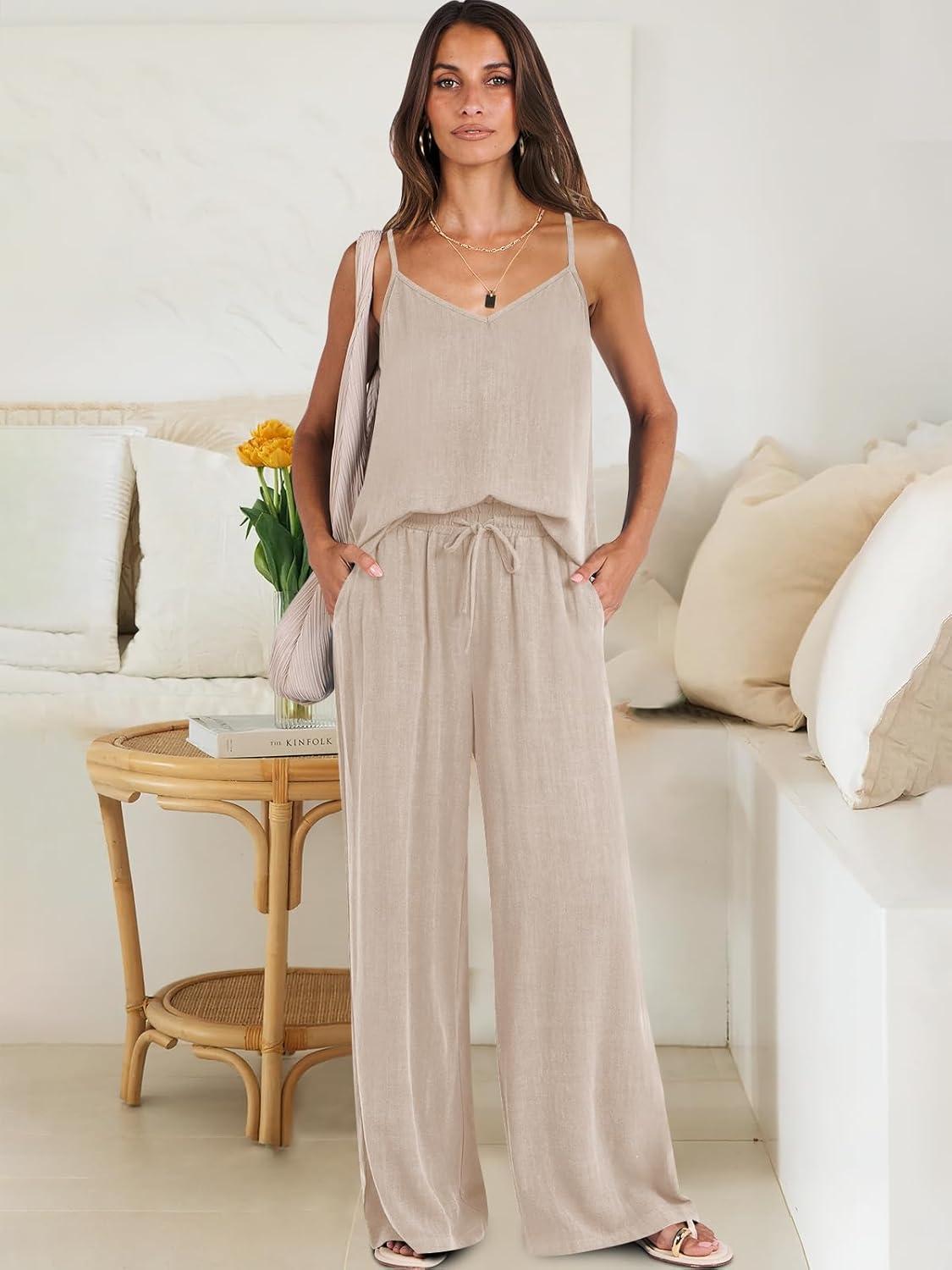 imageANRABESS Womens 2 Piece Linen Lounge Set Casual Matching Pants Jumpsuit Summer Beach Travel Vacation Trendy Outfits