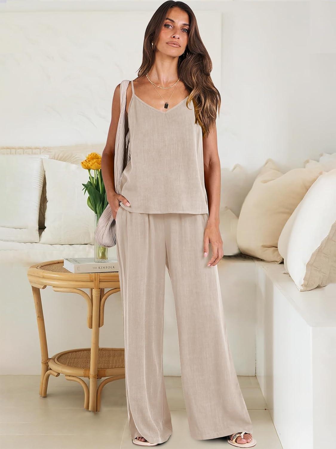 imageANRABESS Womens 2 Piece Linen Lounge Set Casual Matching Pants Jumpsuit Summer Beach Travel Vacation Trendy Outfits