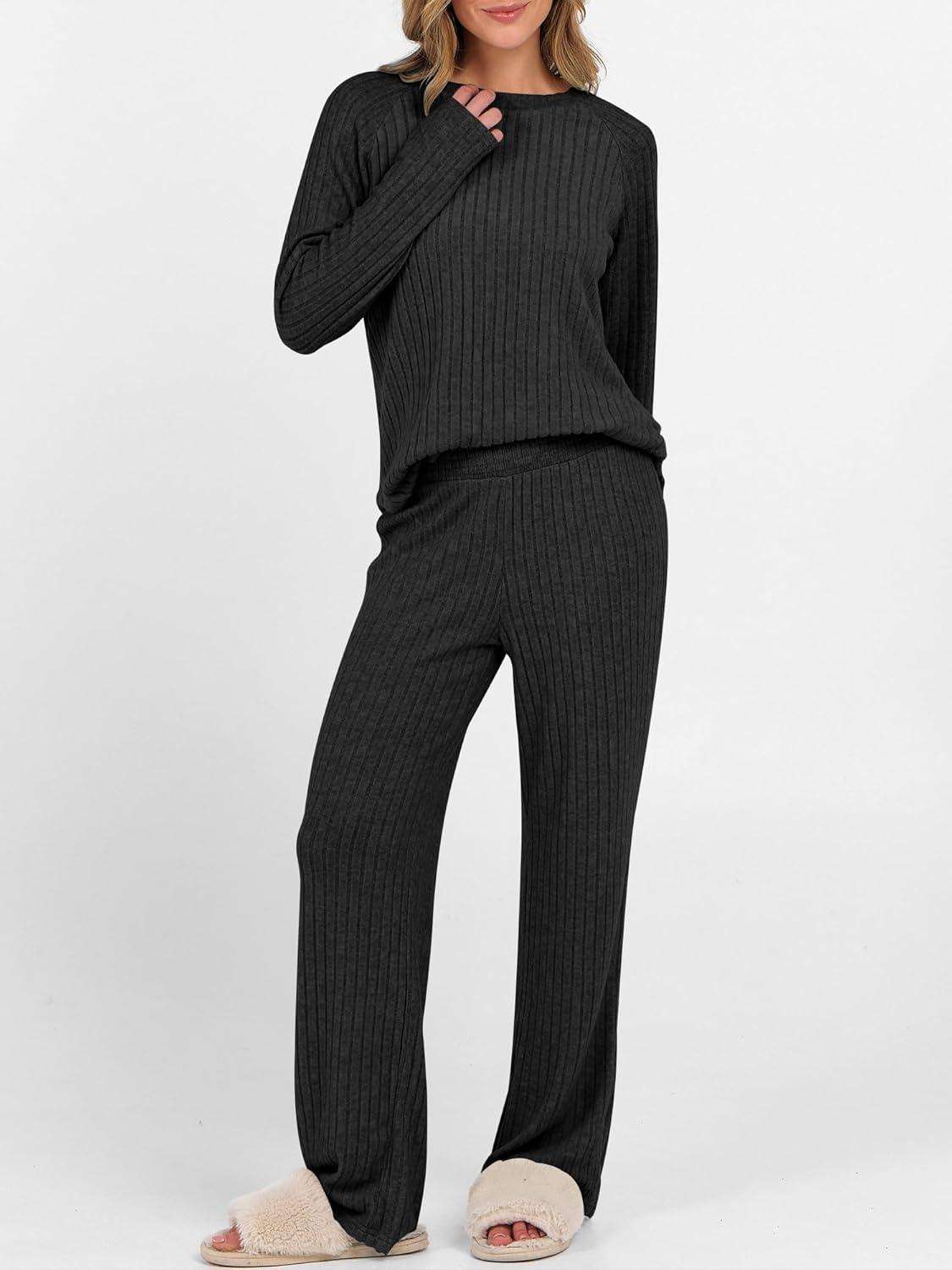 imageANRABESS Womens 2 Piece Lounge Pajama Sets Ribbed Knit Long Sleeve Tunic Tops Matching Pants Casual Fall Sleepwear OutfitsBlack