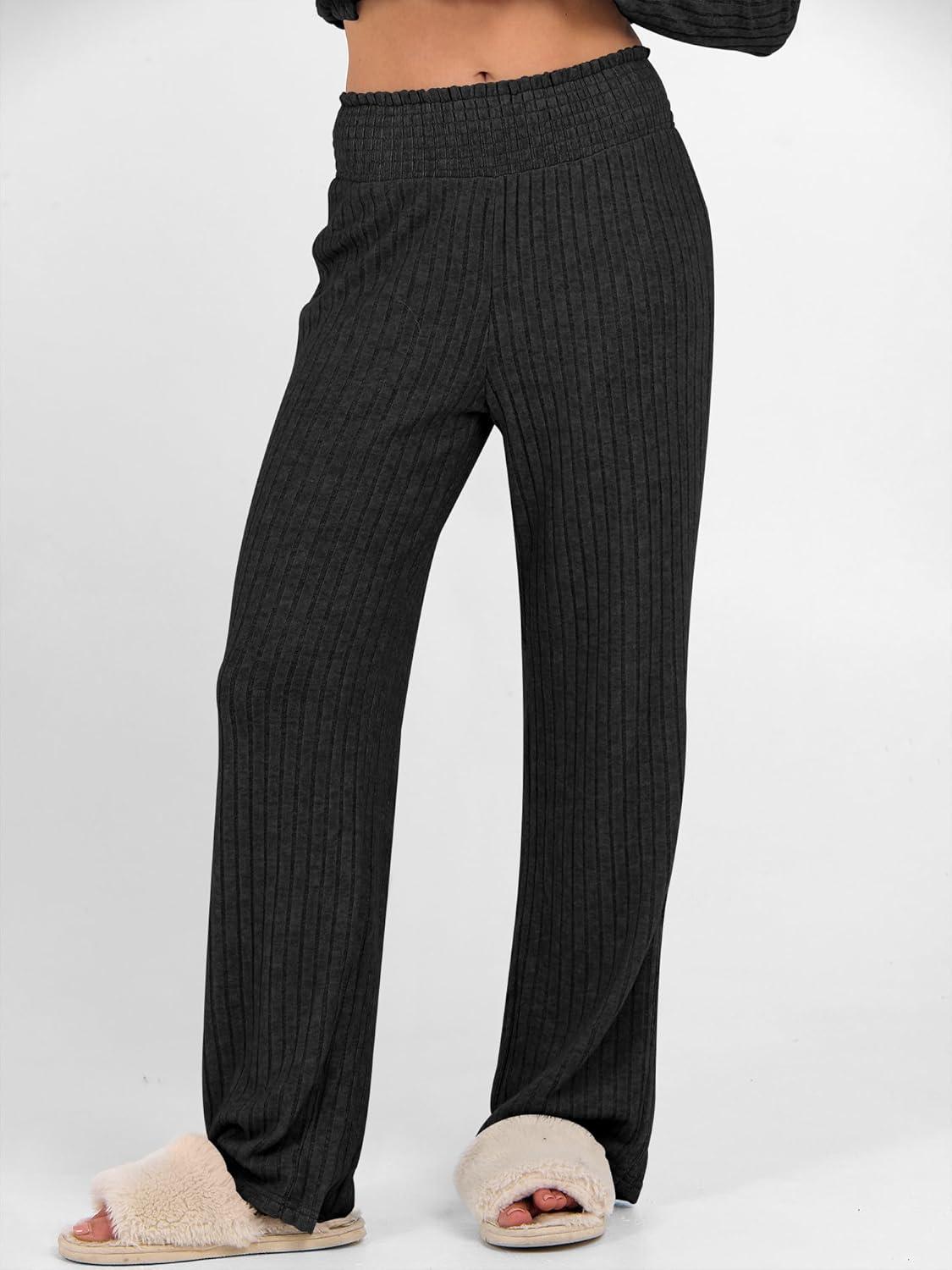 imageANRABESS Womens 2 Piece Lounge Pajama Sets Ribbed Knit Long Sleeve Tunic Tops Matching Pants Casual Fall Sleepwear OutfitsBlack