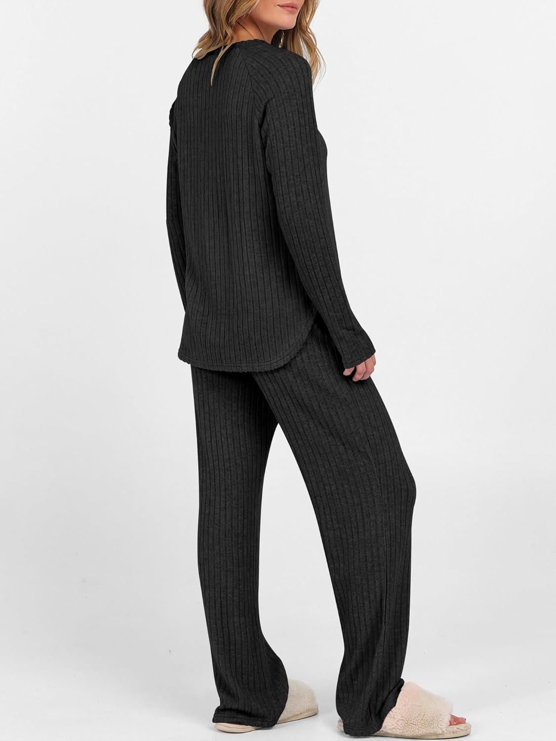 imageANRABESS Womens 2 Piece Lounge Pajama Sets Ribbed Knit Long Sleeve Tunic Tops Matching Pants Casual Fall Sleepwear OutfitsBlack