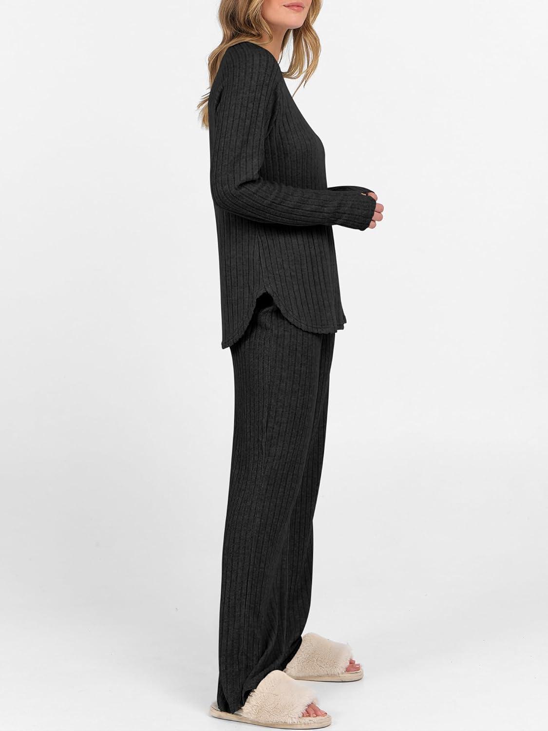 imageANRABESS Womens 2 Piece Lounge Pajama Sets Ribbed Knit Long Sleeve Tunic Tops Matching Pants Casual Fall Sleepwear OutfitsBlack