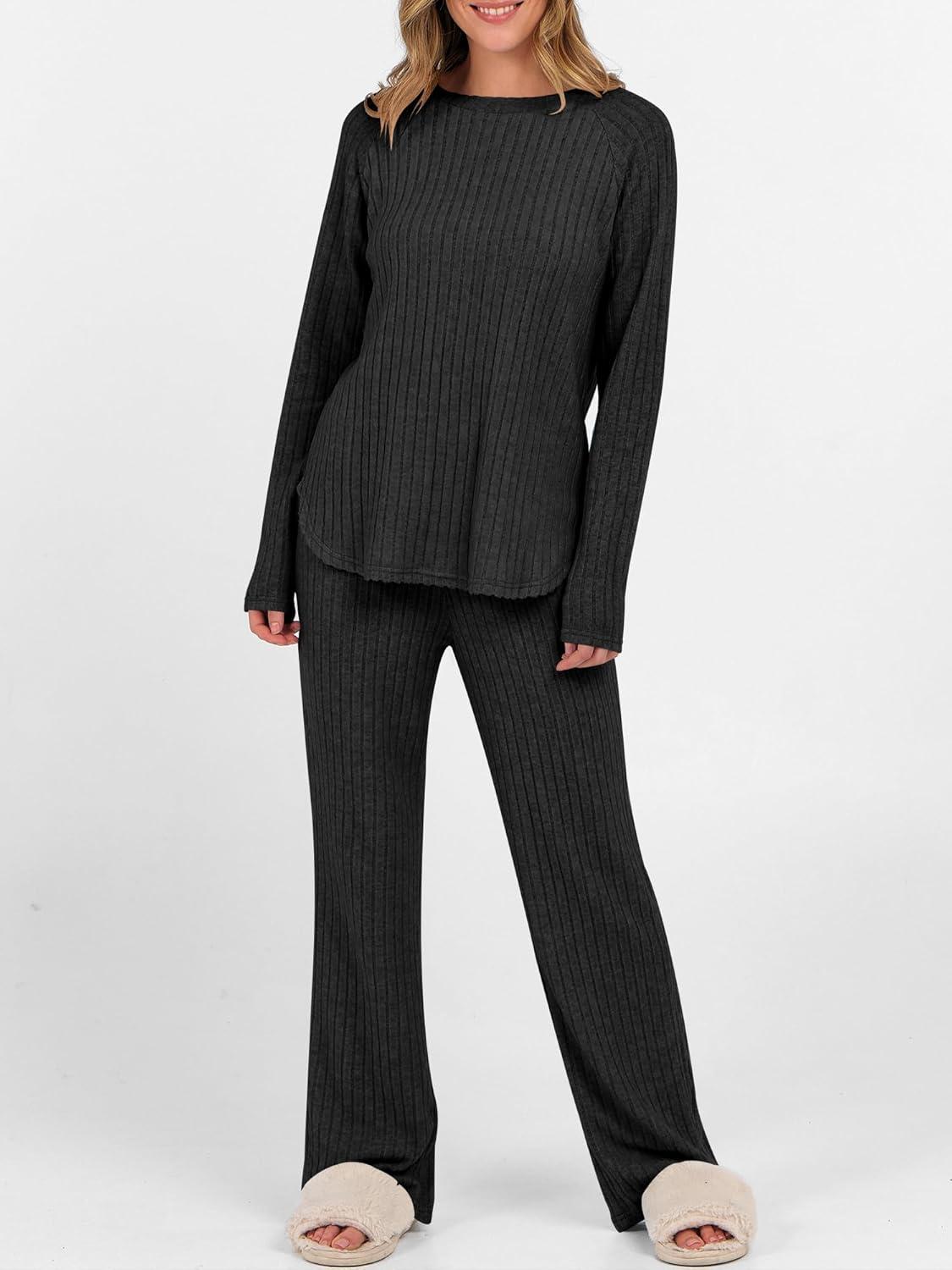 imageANRABESS Womens 2 Piece Lounge Pajama Sets Ribbed Knit Long Sleeve Tunic Tops Matching Pants Casual Fall Sleepwear OutfitsBlack