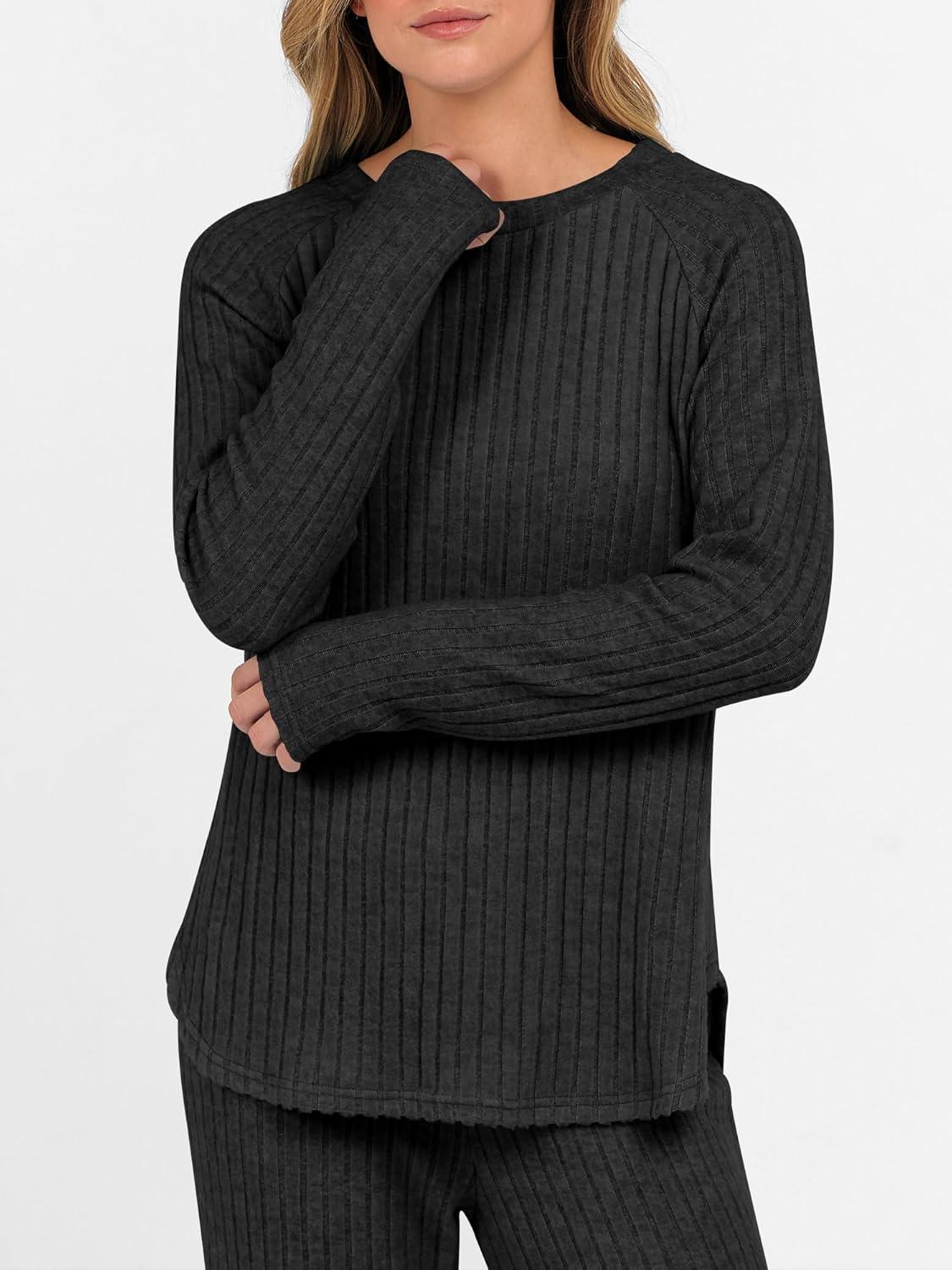 imageANRABESS Womens 2 Piece Lounge Pajama Sets Ribbed Knit Long Sleeve Tunic Tops Matching Pants Casual Fall Sleepwear OutfitsBlack