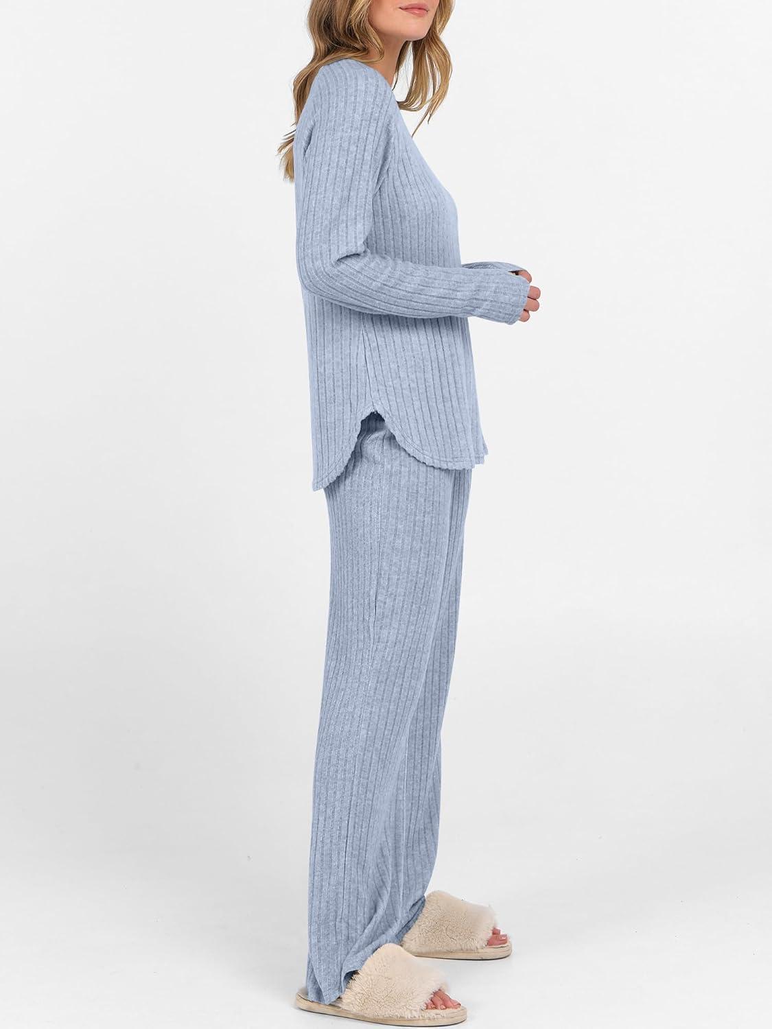 imageANRABESS Womens 2 Piece Lounge Pajama Sets Ribbed Knit Long Sleeve Tunic Tops Matching Pants Casual Fall Sleepwear OutfitsBlue