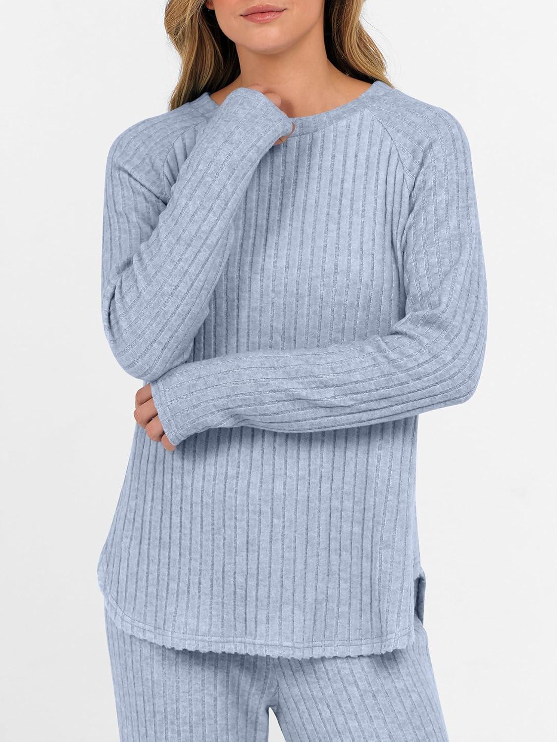 imageANRABESS Womens 2 Piece Lounge Pajama Sets Ribbed Knit Long Sleeve Tunic Tops Matching Pants Casual Fall Sleepwear OutfitsBlue