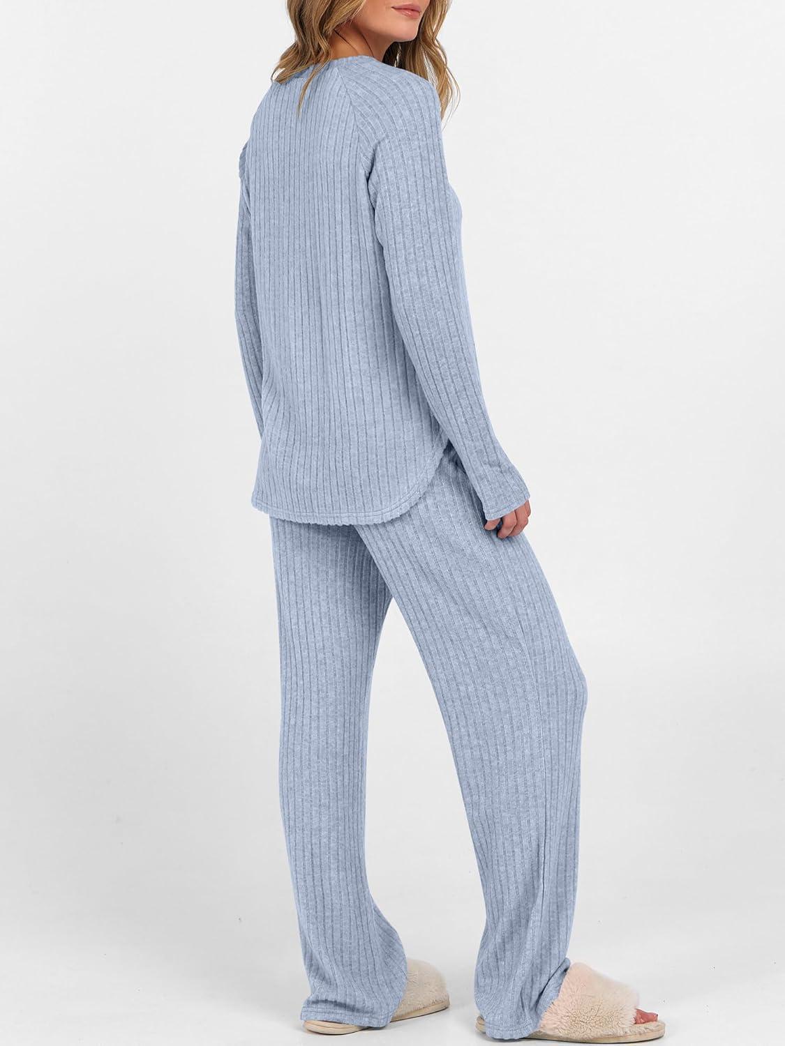 imageANRABESS Womens 2 Piece Lounge Pajama Sets Ribbed Knit Long Sleeve Tunic Tops Matching Pants Casual Fall Sleepwear OutfitsBlue