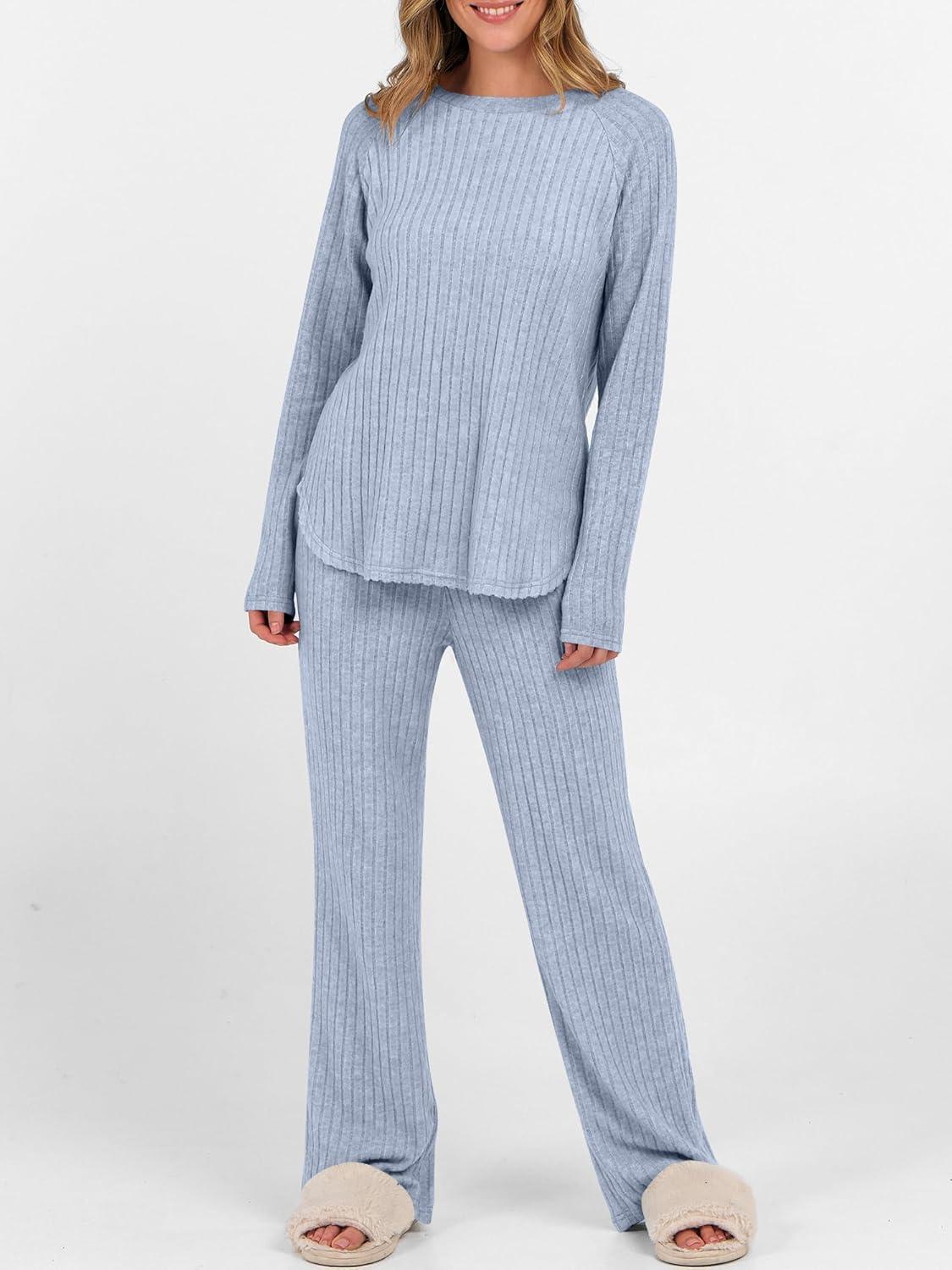 imageANRABESS Womens 2 Piece Lounge Pajama Sets Ribbed Knit Long Sleeve Tunic Tops Matching Pants Casual Fall Sleepwear OutfitsBlue