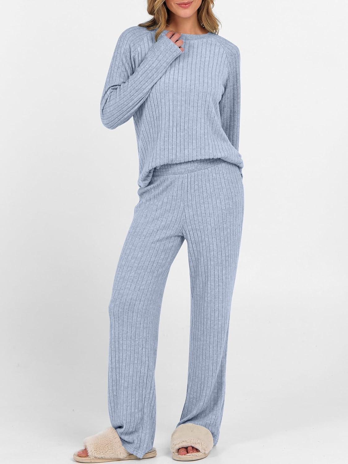 imageANRABESS Womens 2 Piece Lounge Pajama Sets Ribbed Knit Long Sleeve Tunic Tops Matching Pants Casual Fall Sleepwear OutfitsBlue