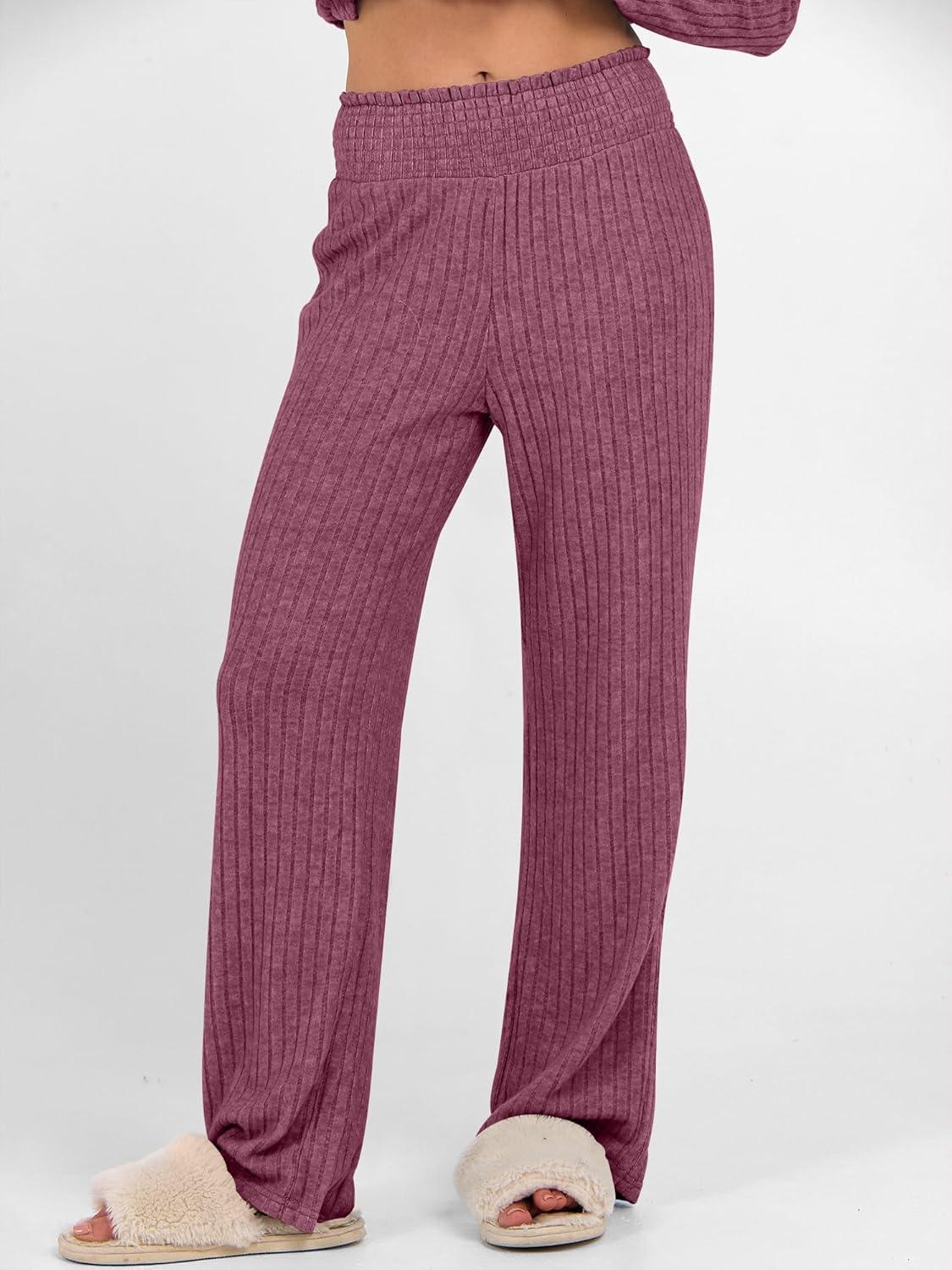 imageANRABESS Womens 2 Piece Lounge Pajama Sets Ribbed Knit Long Sleeve Tunic Tops Matching Pants Casual Fall Sleepwear OutfitsDark Red