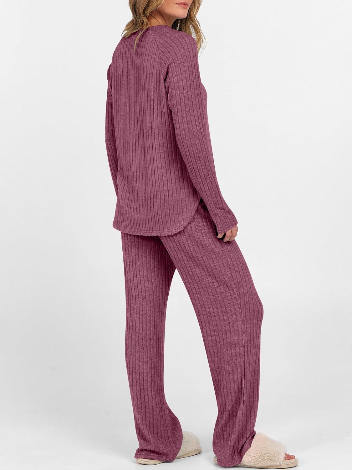 imageANRABESS Womens 2 Piece Lounge Pajama Sets Ribbed Knit Long Sleeve Tunic Tops Matching Pants Casual Fall Sleepwear OutfitsDark Red