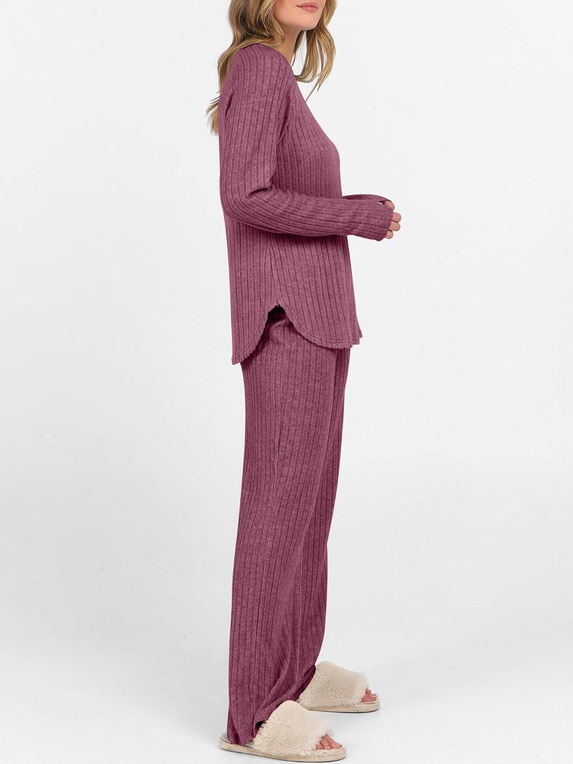 imageANRABESS Womens 2 Piece Lounge Pajama Sets Ribbed Knit Long Sleeve Tunic Tops Matching Pants Casual Fall Sleepwear OutfitsDark Red