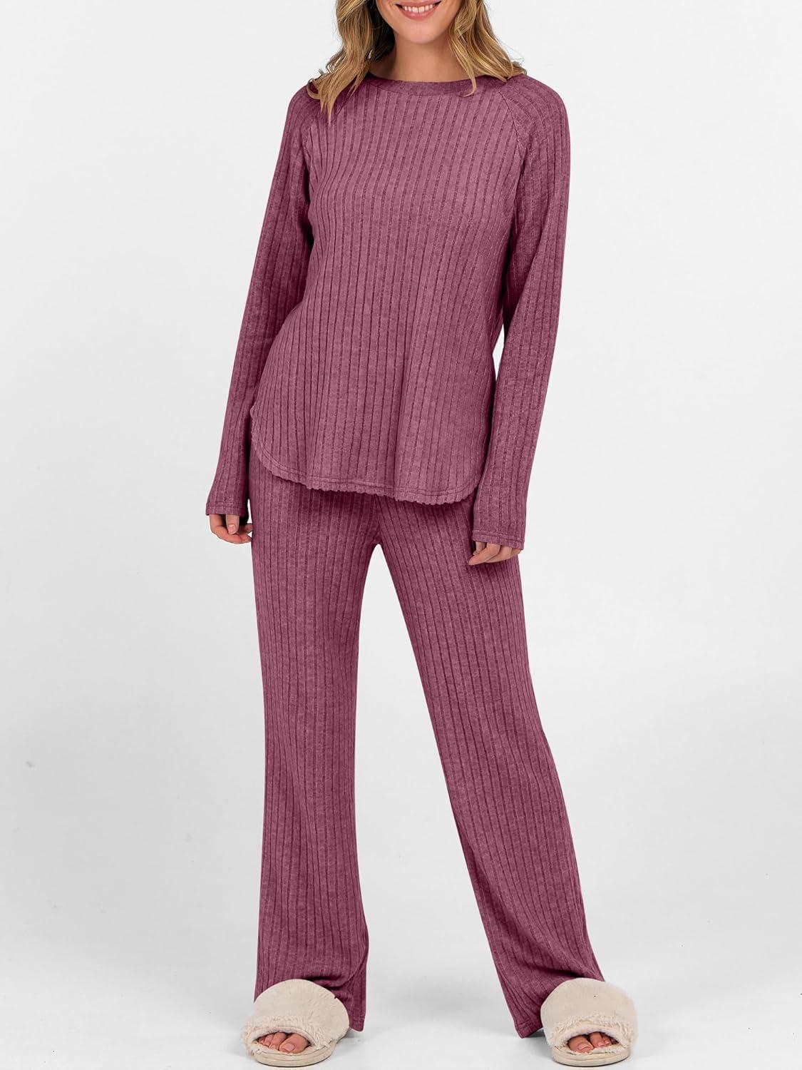 imageANRABESS Womens 2 Piece Lounge Pajama Sets Ribbed Knit Long Sleeve Tunic Tops Matching Pants Casual Fall Sleepwear OutfitsDark Red