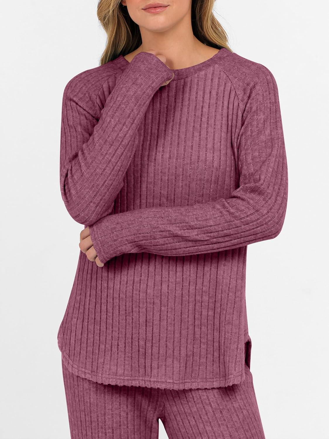 imageANRABESS Womens 2 Piece Lounge Pajama Sets Ribbed Knit Long Sleeve Tunic Tops Matching Pants Casual Fall Sleepwear OutfitsDark Red