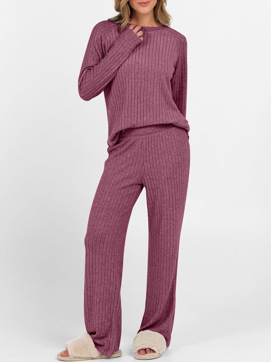 imageANRABESS Womens 2 Piece Lounge Pajama Sets Ribbed Knit Long Sleeve Tunic Tops Matching Pants Casual Fall Sleepwear OutfitsDark Red